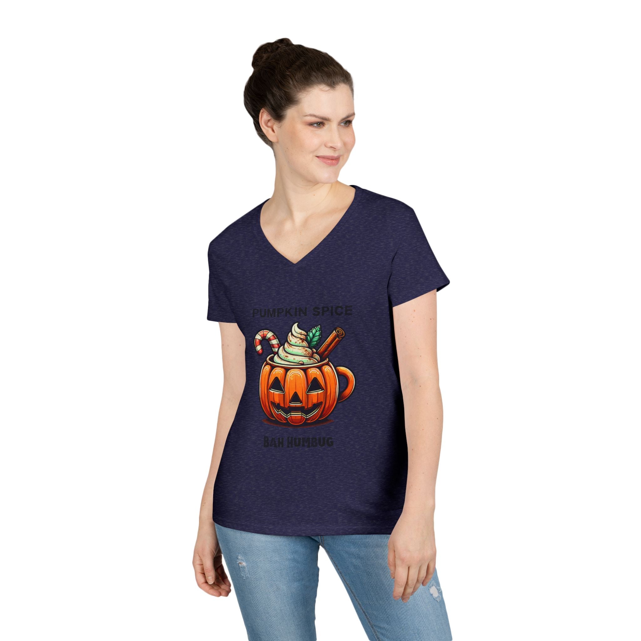 V-Neck T-Shirt Halloween Mug with Pumpkin Spice Bah Humbug