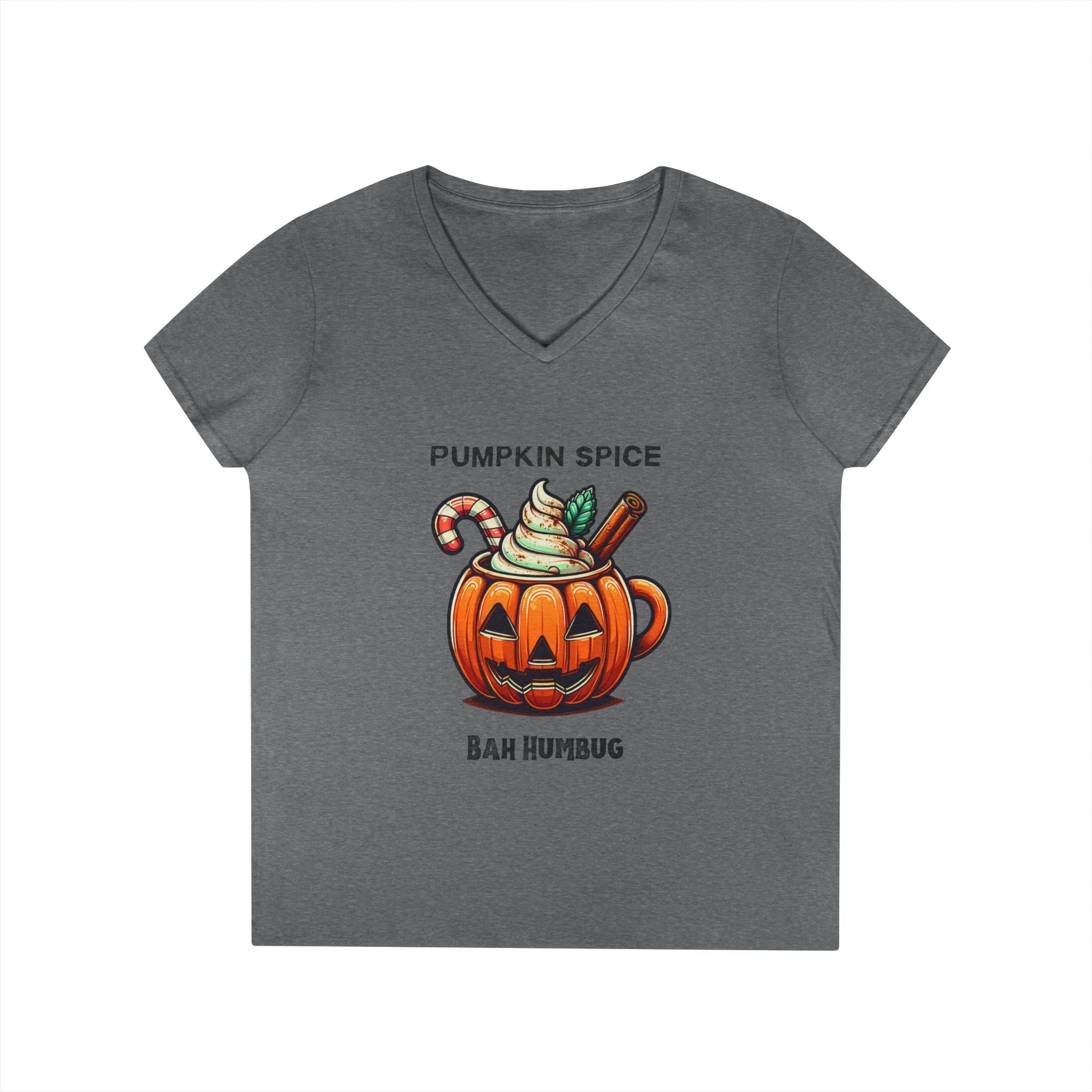 V-Neck T-Shirt Halloween Mug with Pumpkin Spice Bah Humbug