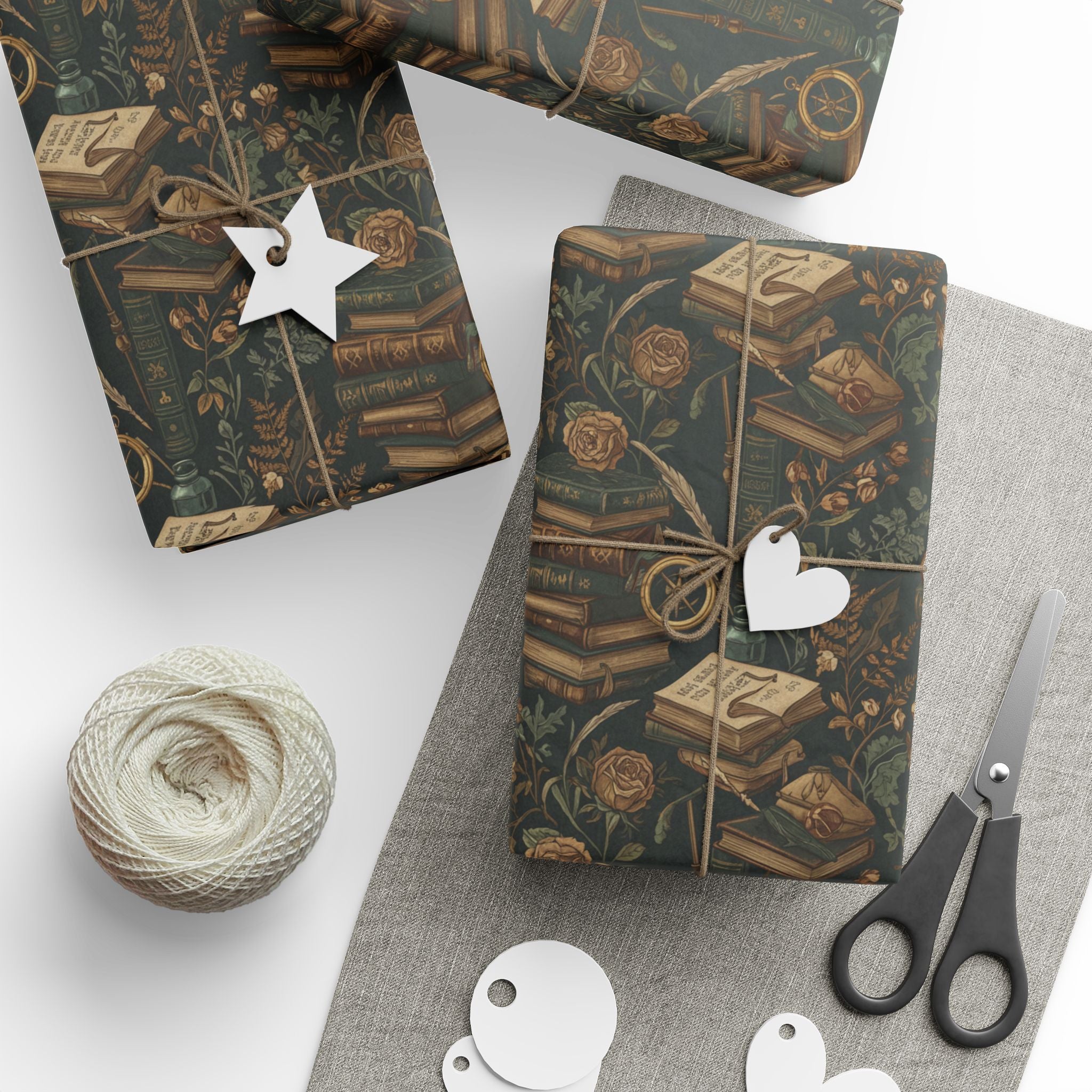 Faded Roses Vintage Books & Botanical Dark Wrapping Paper Roll — Literary Gift Wrap-Dark Academia