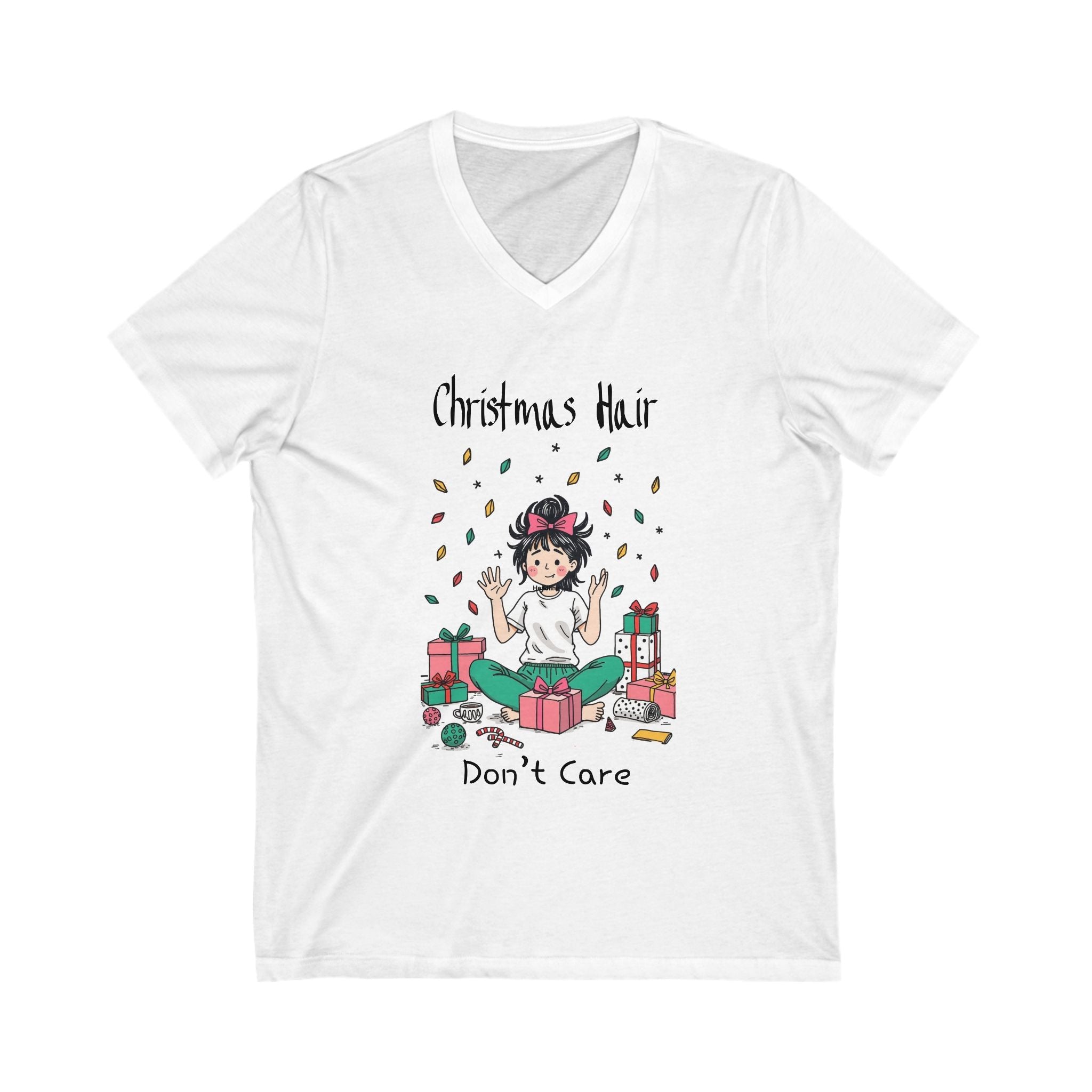 Festive Christmas Hair V-Neck Tee, Holiday T-Shirt, Christmas Gift, Cute Graphic Tee, Casual Wear, Winter Outfit, Gift for Her