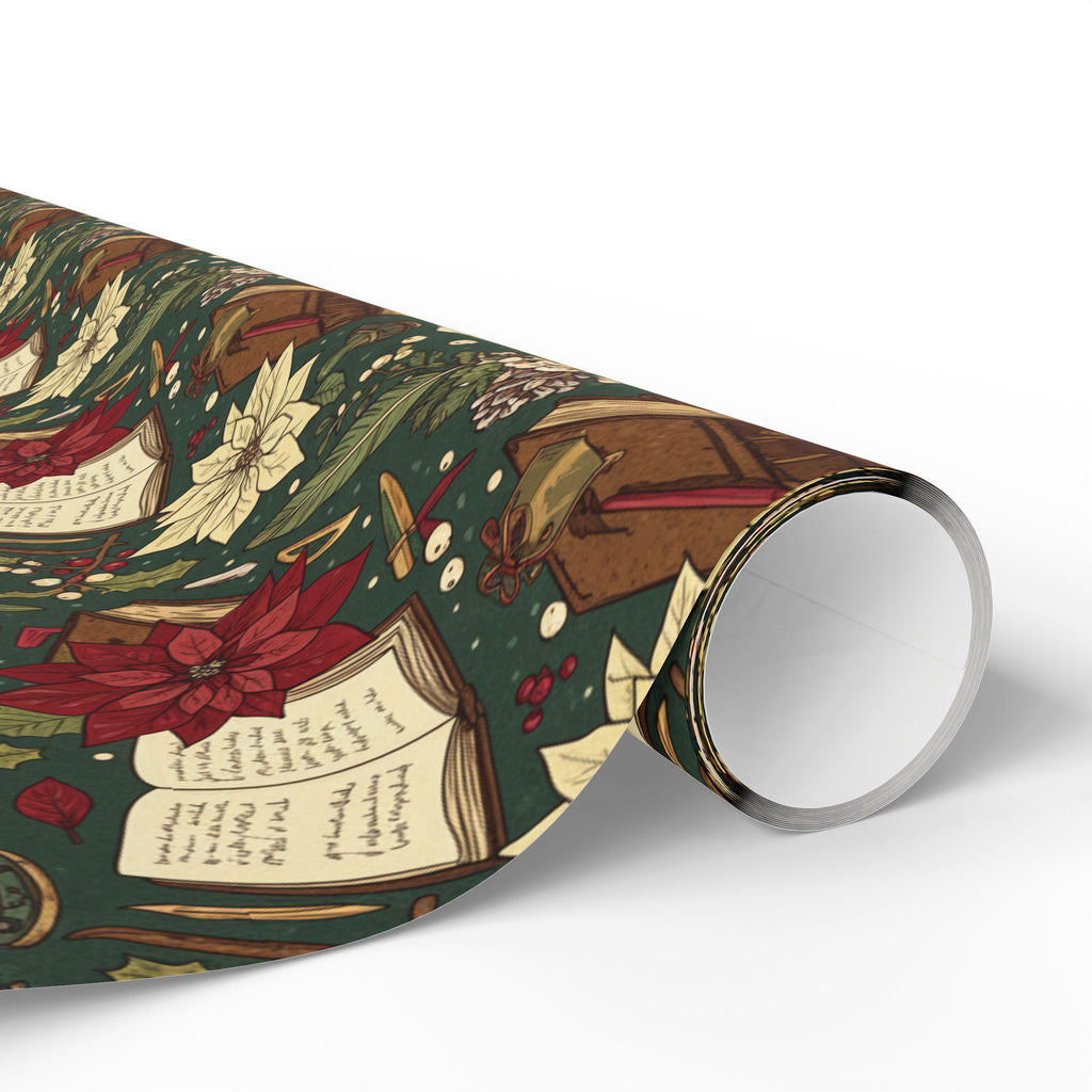 Christmas Book Wrapping Paper — Vintage Poinsettia & Books Gift Wrap