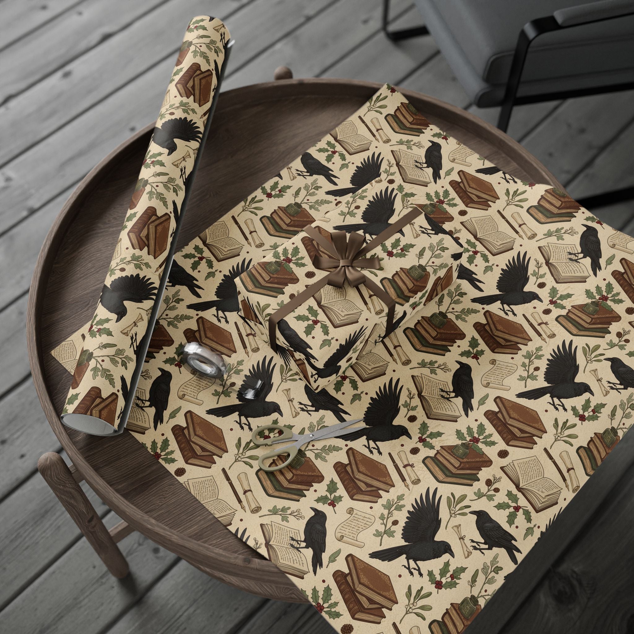 Bookish Raven Wrapping Paper — Literary Holiday Gift Wrap-Dark Academia