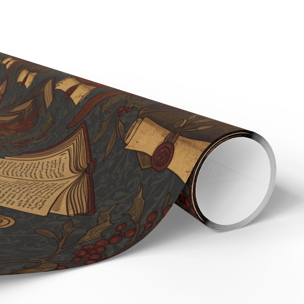 Dark Academia Vintage Holiday Book & Holly Wrapping Paper Roll