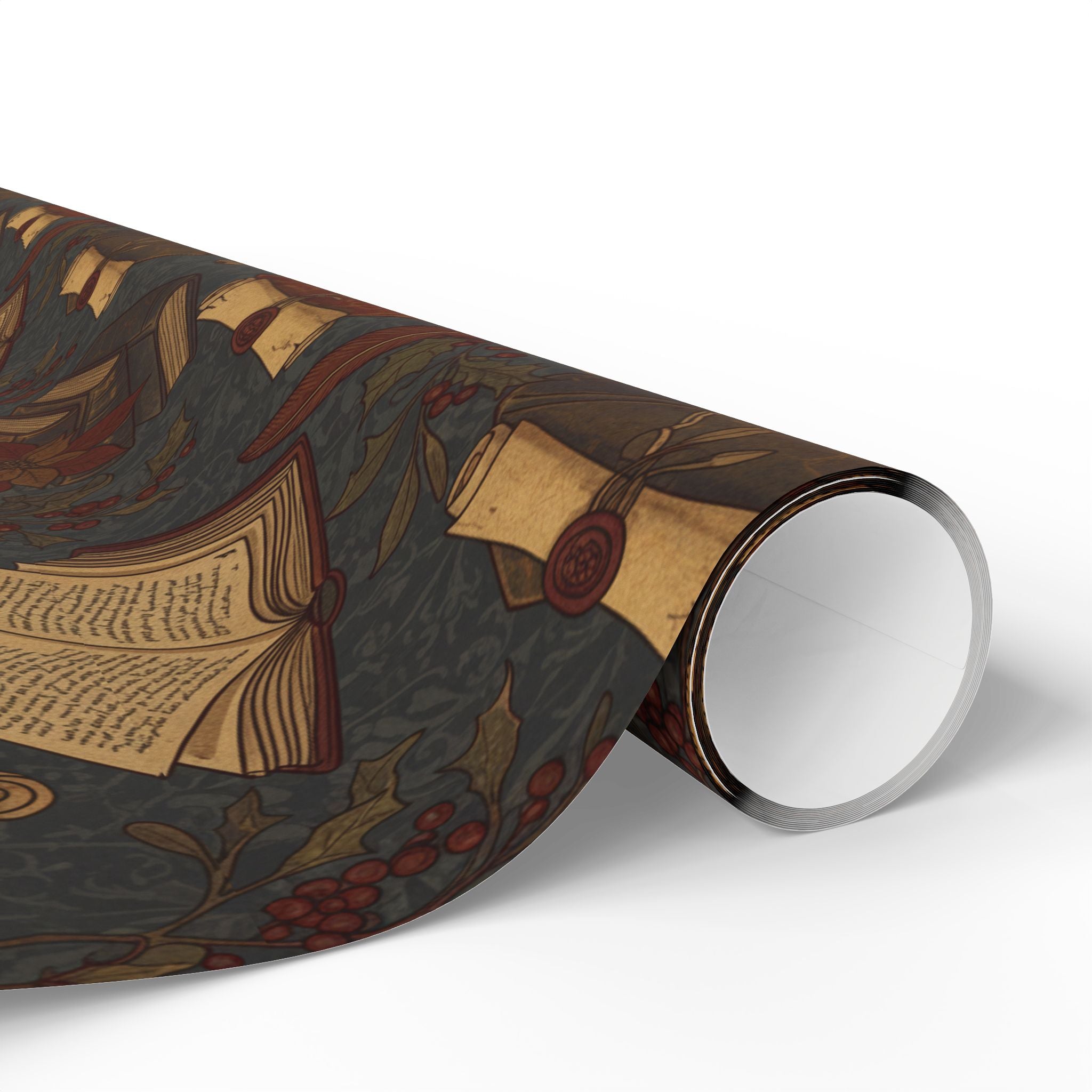 Dark Academia Vintage Holiday Book & Holly Wrapping Paper Roll