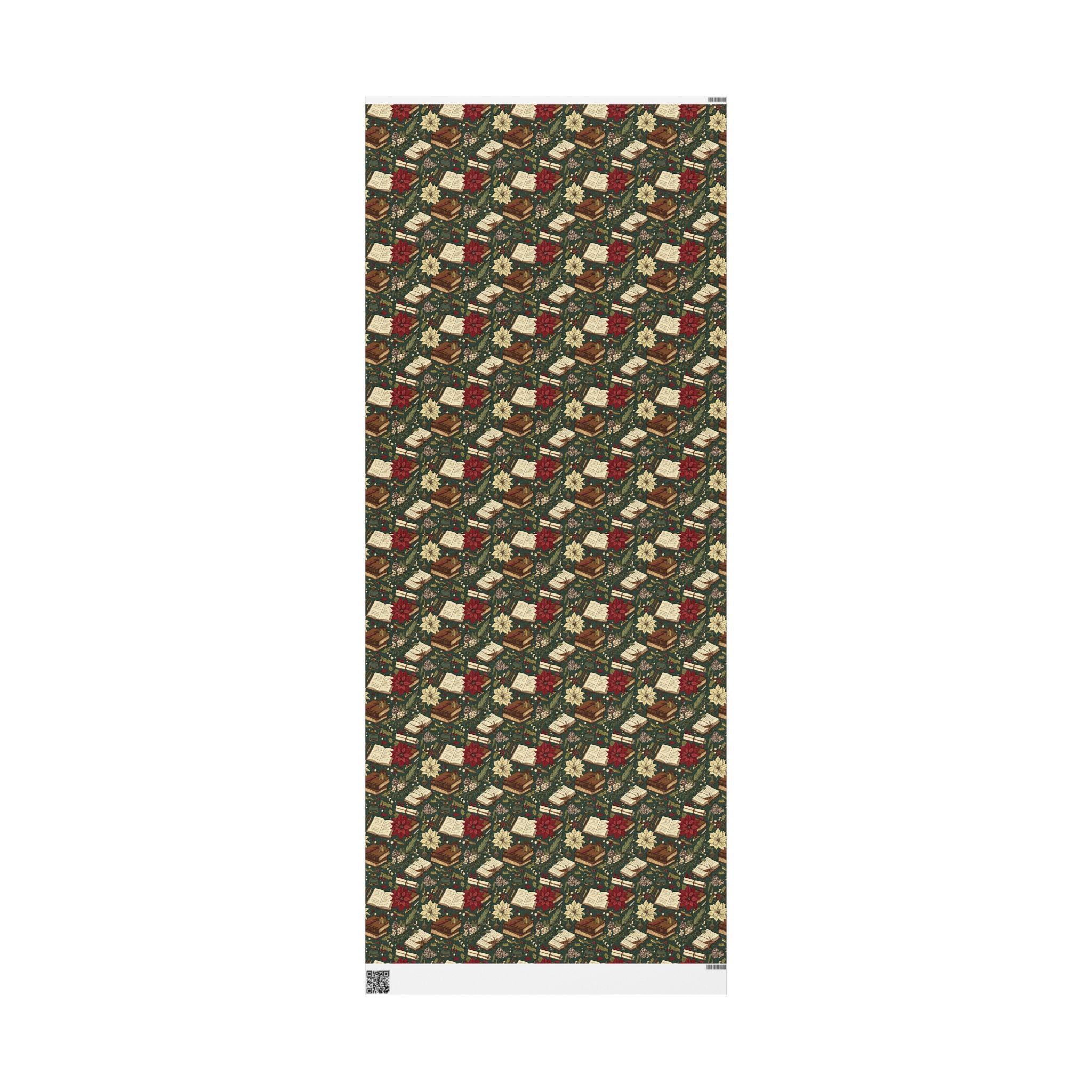 Christmas Book & Poinsettia Wrapping Paper Roll — Vintage Holiday Gift Wrap-Dark Academia