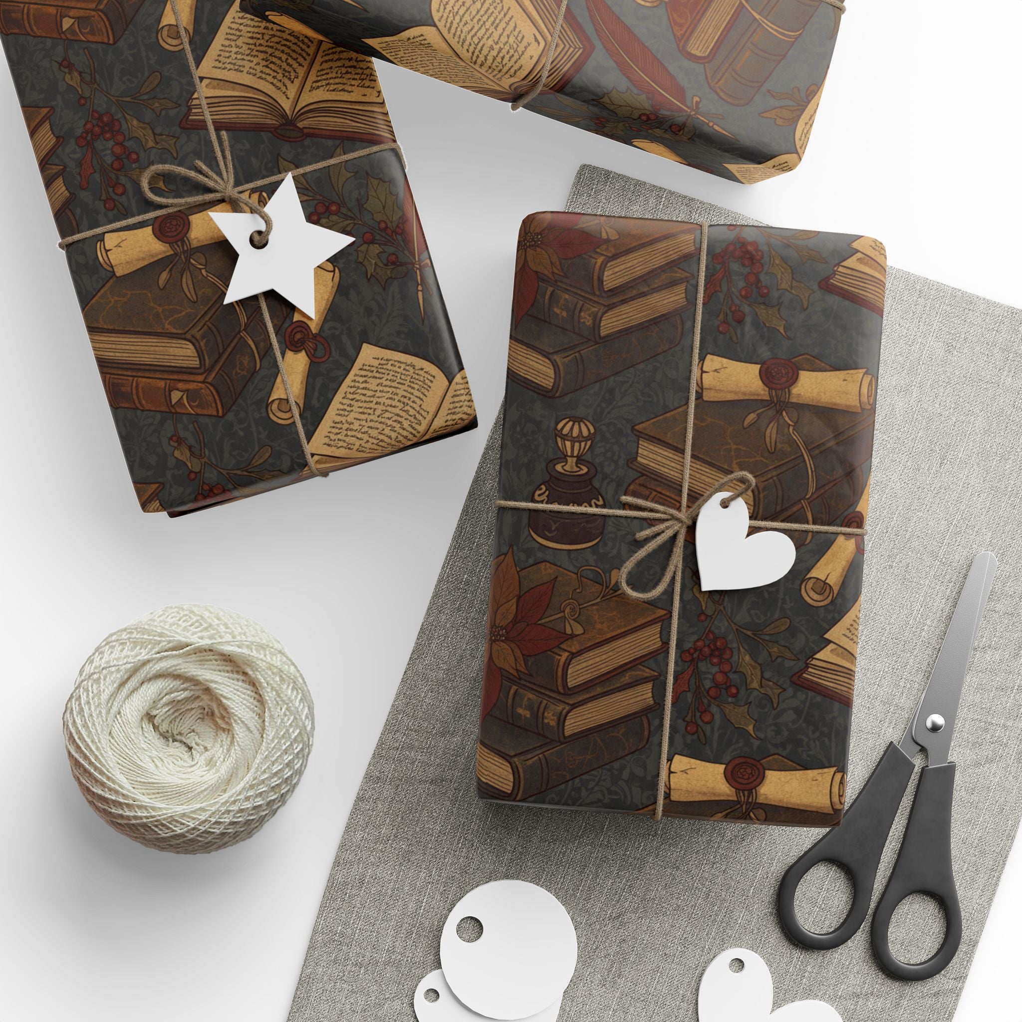 Dark Academia Vintage Holiday Book & Holly Wrapping Paper Roll