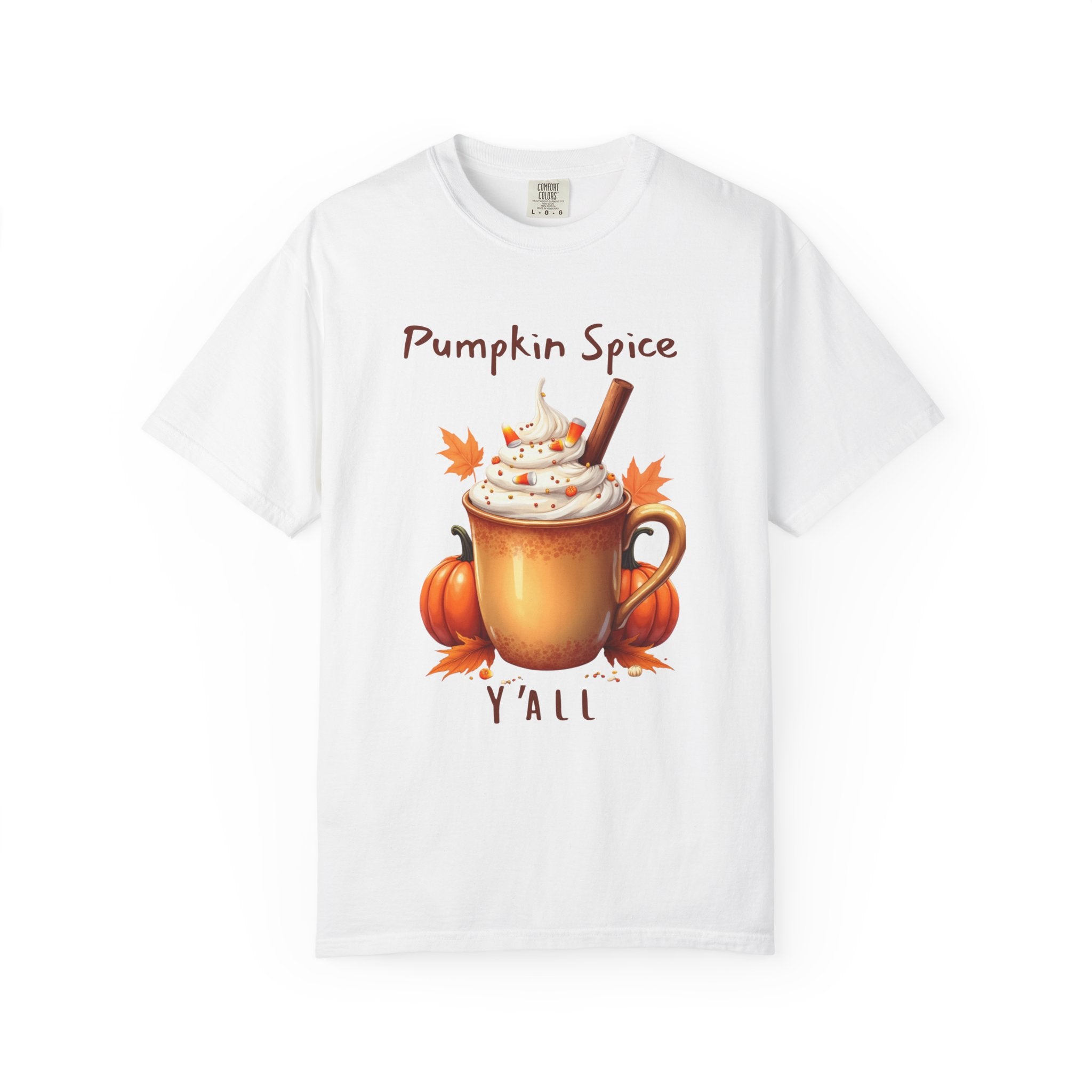 Pumpkin Spice Y'all-  shows a mug with whipped cream, a cinnamon stick, candy corn, pumpkins, and autumn leaves