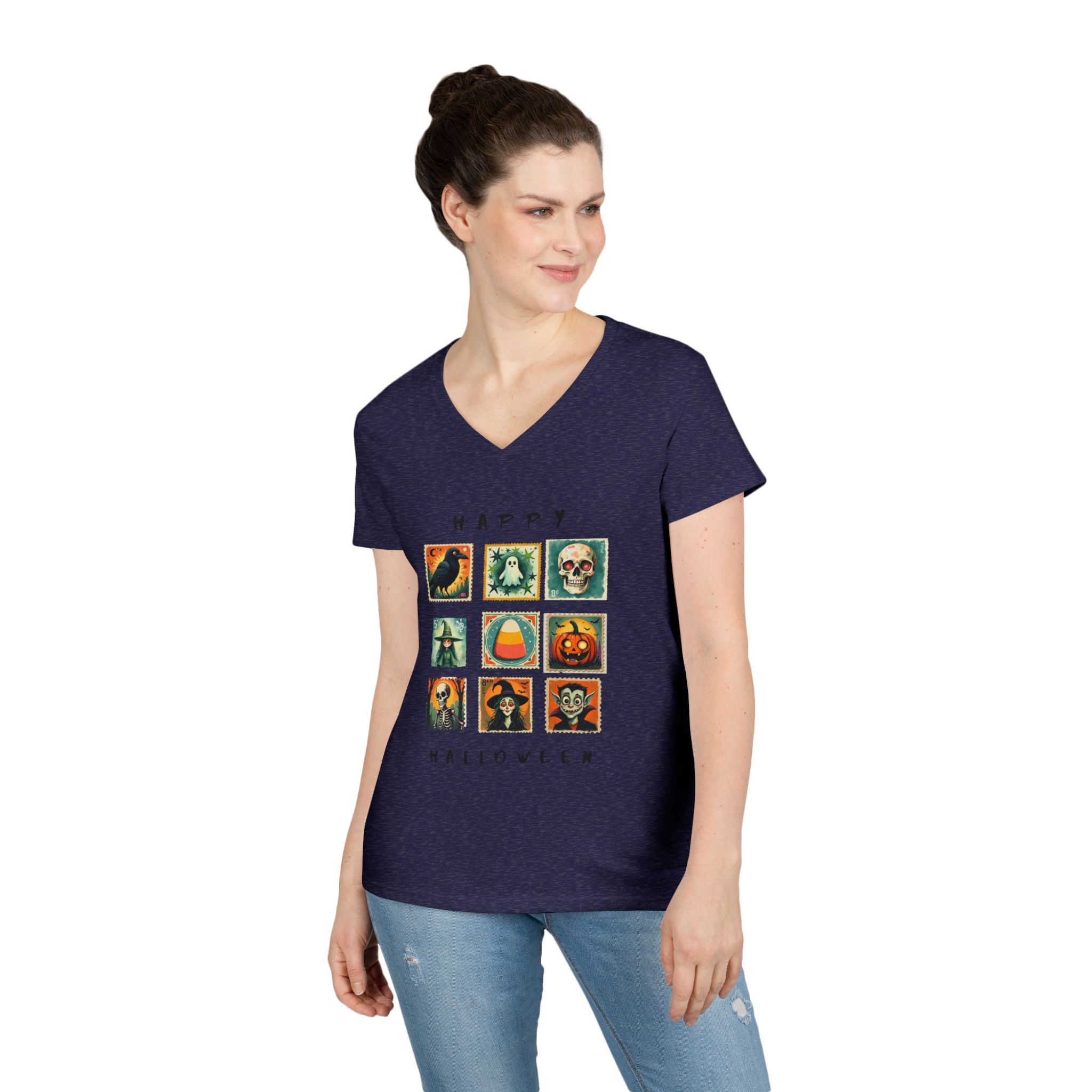 Halloween V-Neck T-Shirt, Spooky Tee, Women's Fall Shirt, Trick or Treat Top, Halloween Costume, Ghostly Vibes, Perfect for October