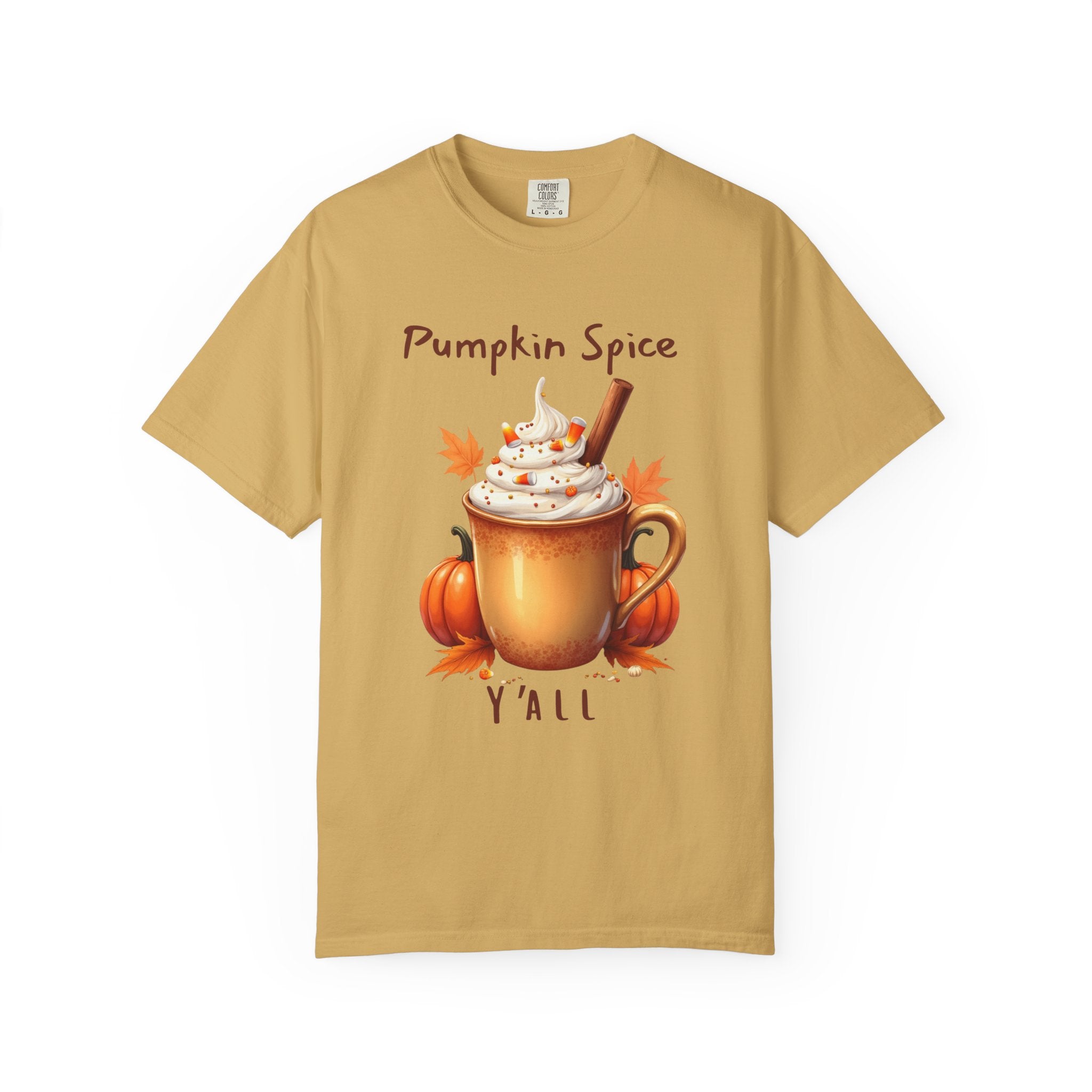 Pumpkin Spice Y'all-  shows a mug with whipped cream, a cinnamon stick, candy corn, pumpkins, and autumn leaves