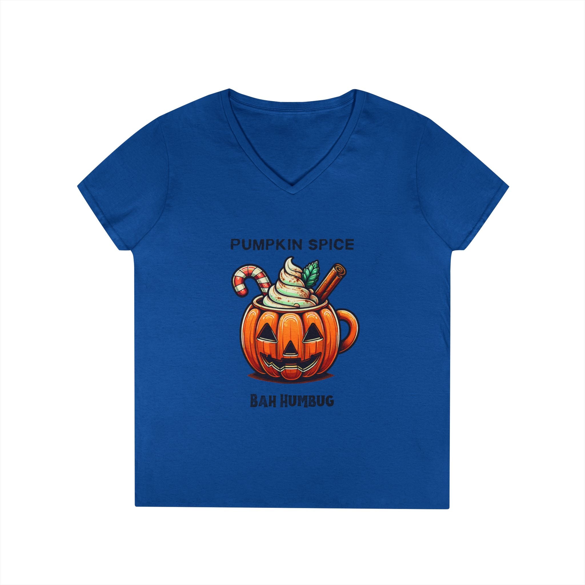 V-Neck T-Shirt Halloween Mug with Pumpkin Spice Bah Humbug