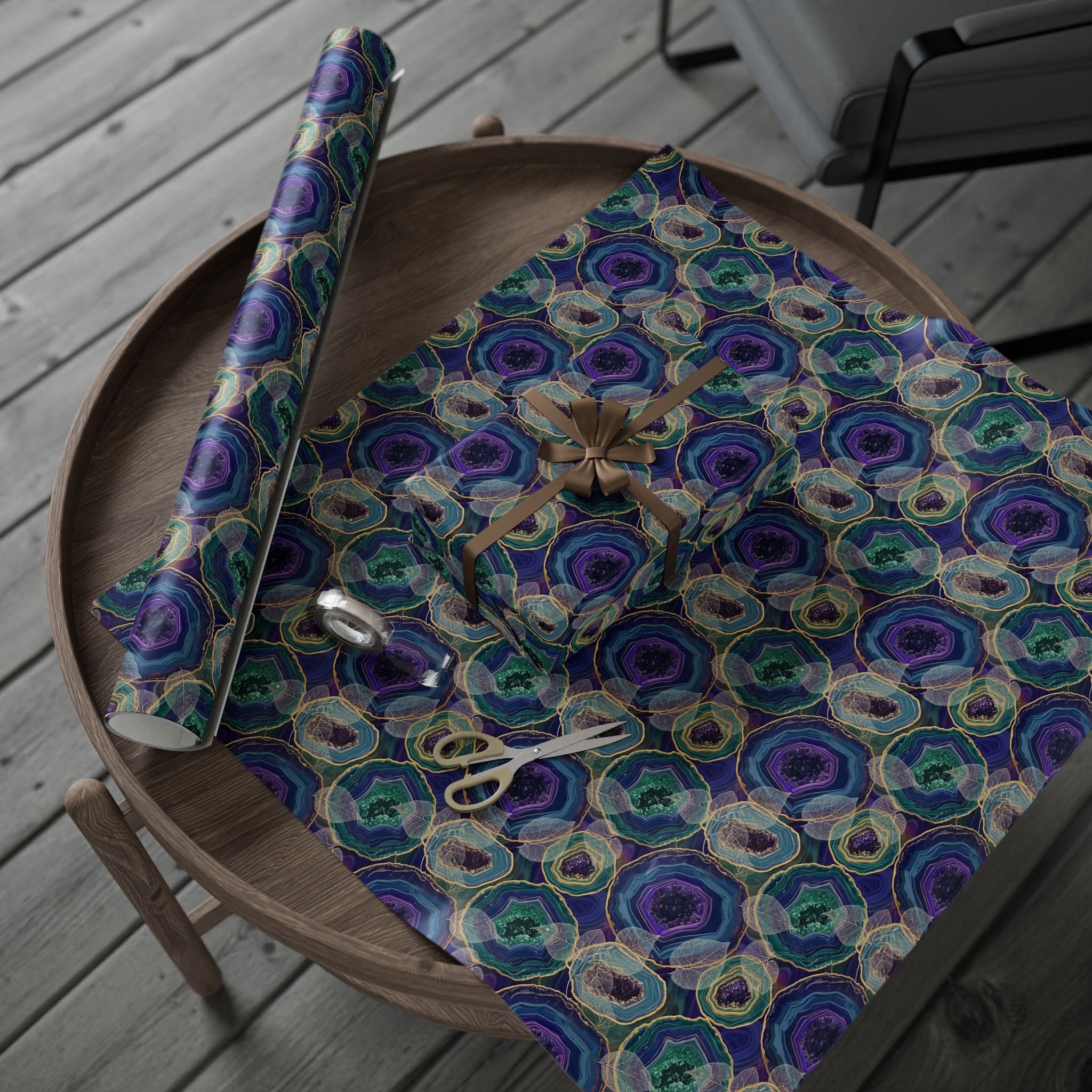 Agate Swirl Wrapping Paper — Blue & Teal Geode Gift Wrap with Leaves