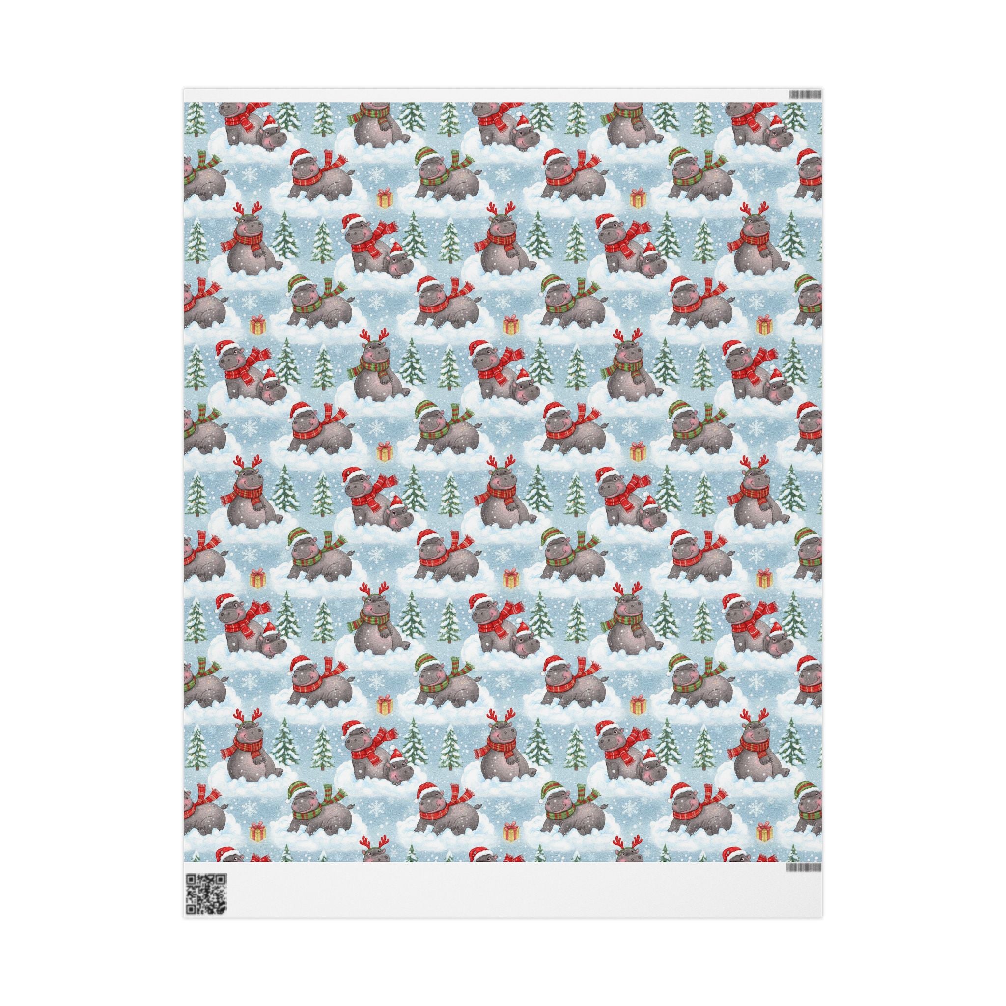 Christmas Wrapping Paper Roll — Cute Hippo in Scarf Winter Pattern