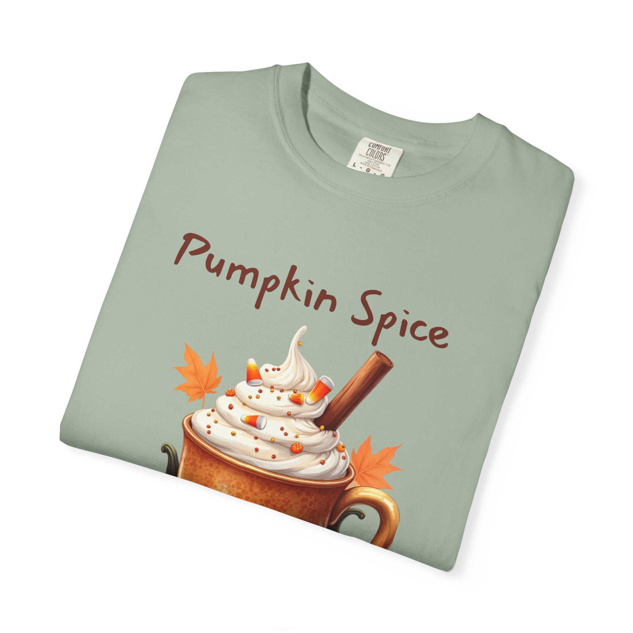 Pumpkin Spice Y'all-  shows a mug with whipped cream, a cinnamon stick, candy corn, pumpkins, and autumn leaves