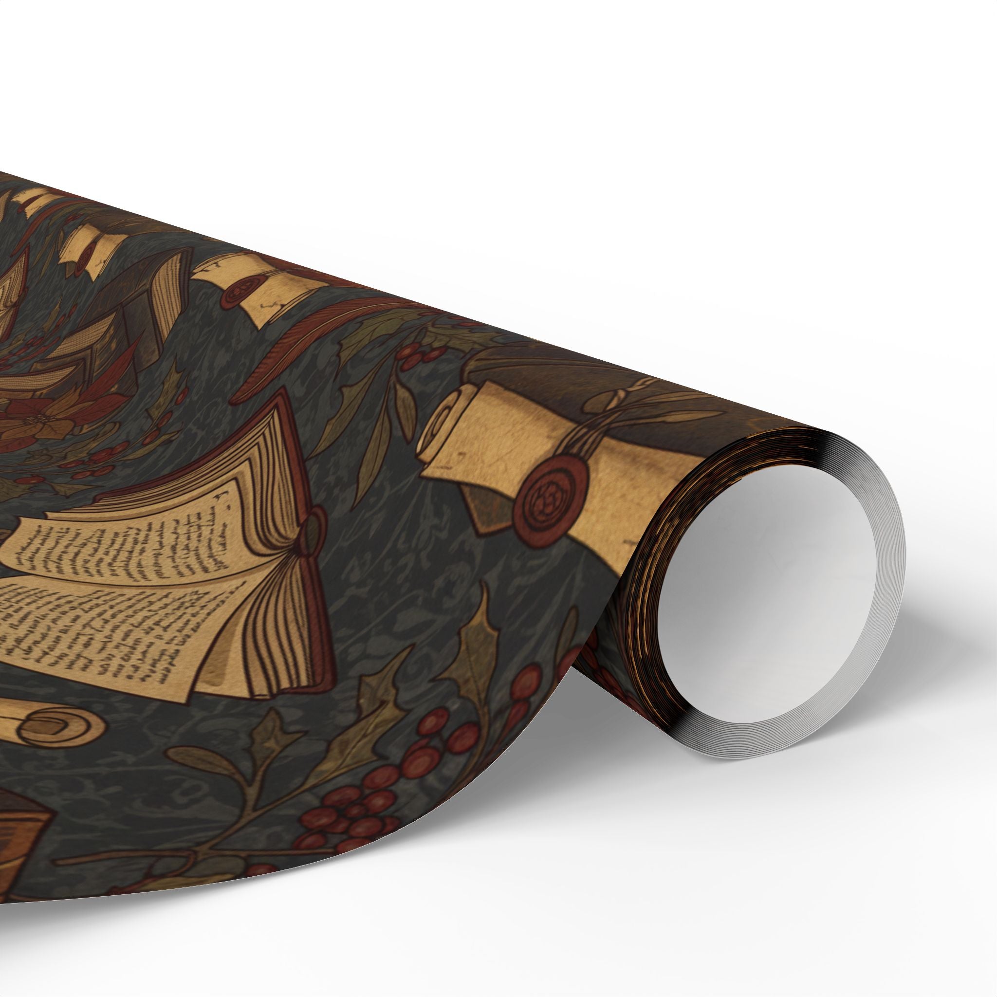 Dark Academia Vintage Holiday Book & Holly Wrapping Paper Roll