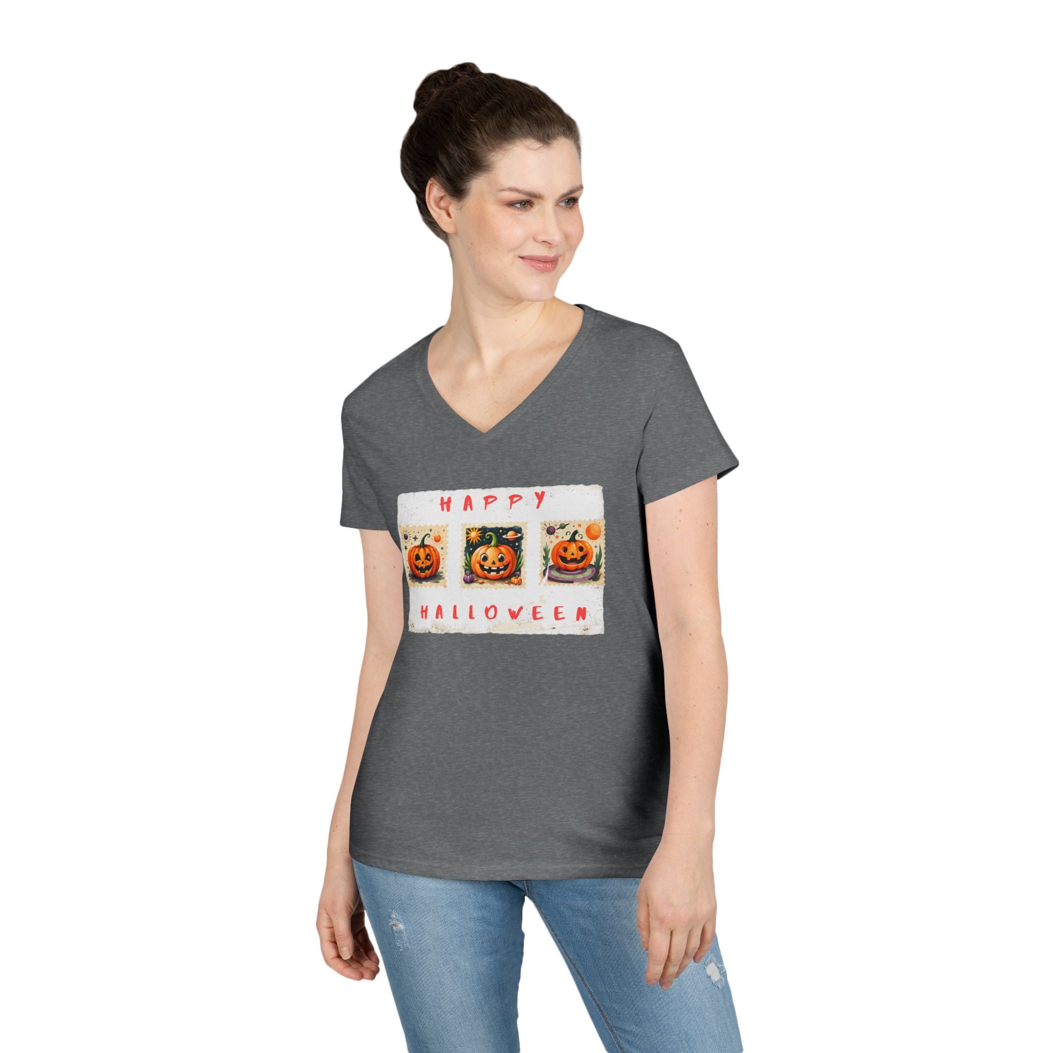 Halloween V-Neck T-Shirt, Fun Fall Fashion, Pumpkin Tee, Spooky Season Apparel, Cute Casual Halloween Shirt
