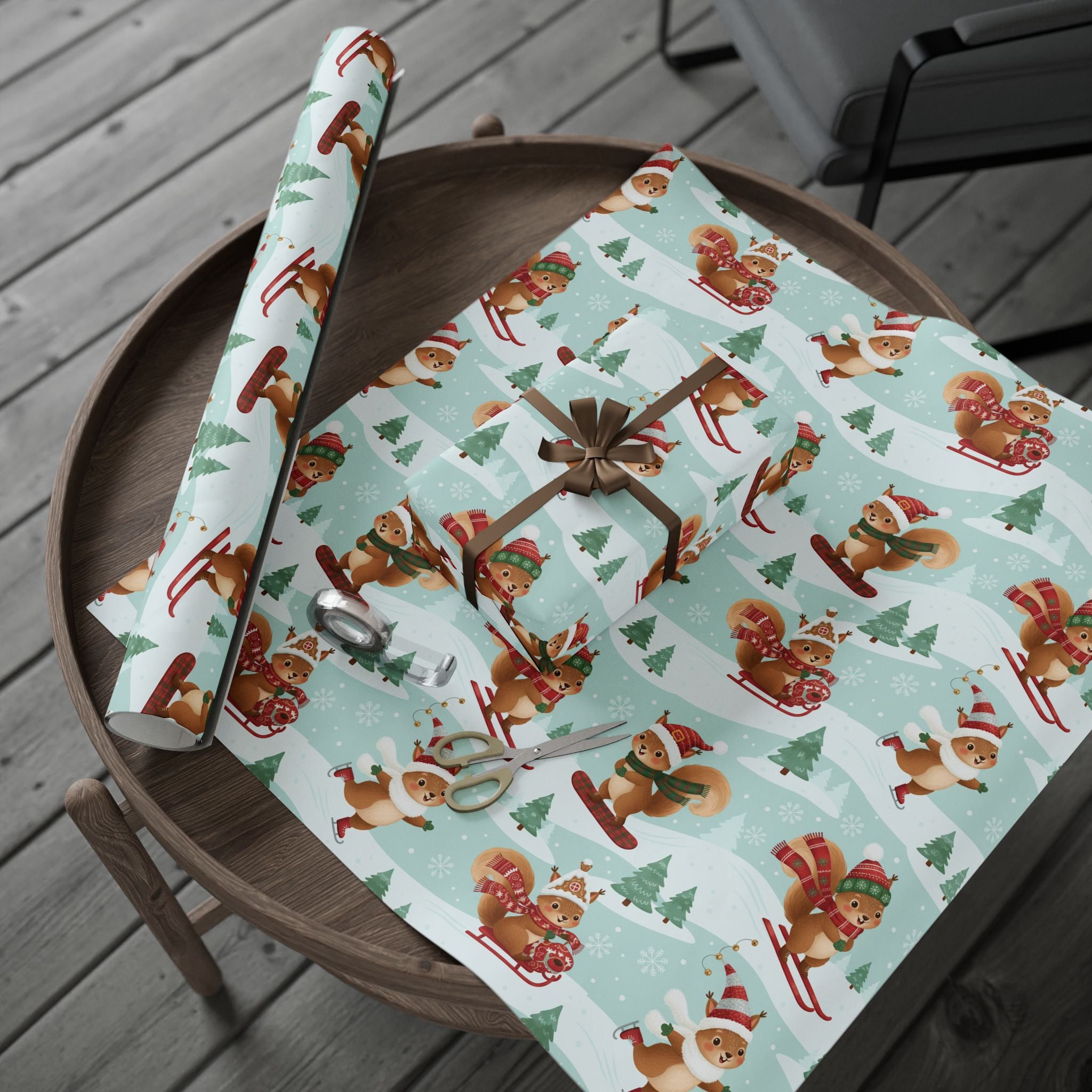 Christmas Squirrel Wrapping Paper - Cute Holiday Gift Wrap with Sledding Squirrels
