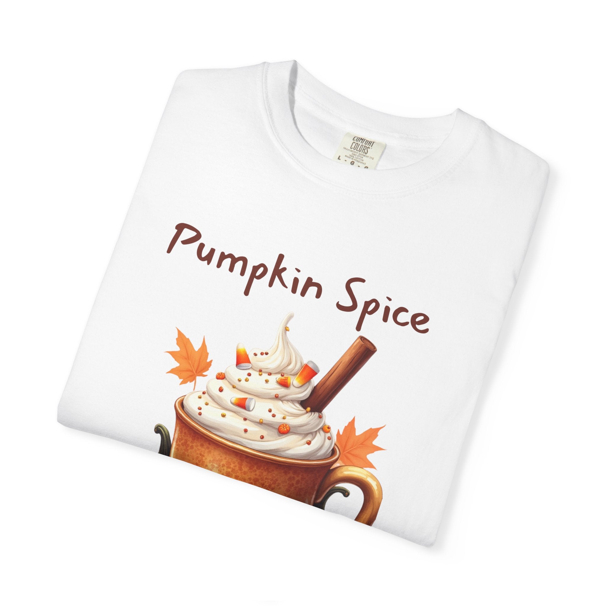 Pumpkin Spice Y'all-  shows a mug with whipped cream, a cinnamon stick, candy corn, pumpkins, and autumn leaves