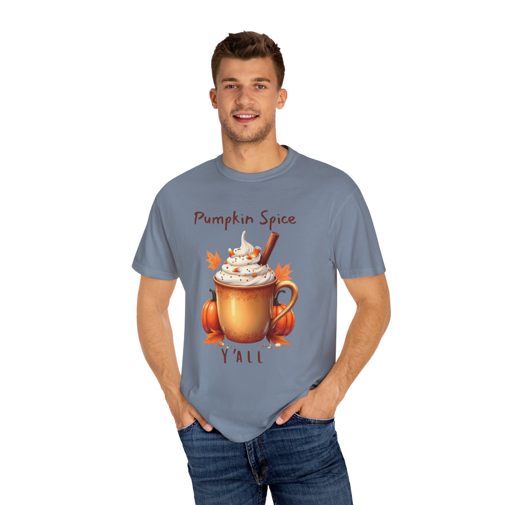 Pumpkin Spice Y'all-  shows a mug with whipped cream, a cinnamon stick, candy corn, pumpkins, and autumn leaves