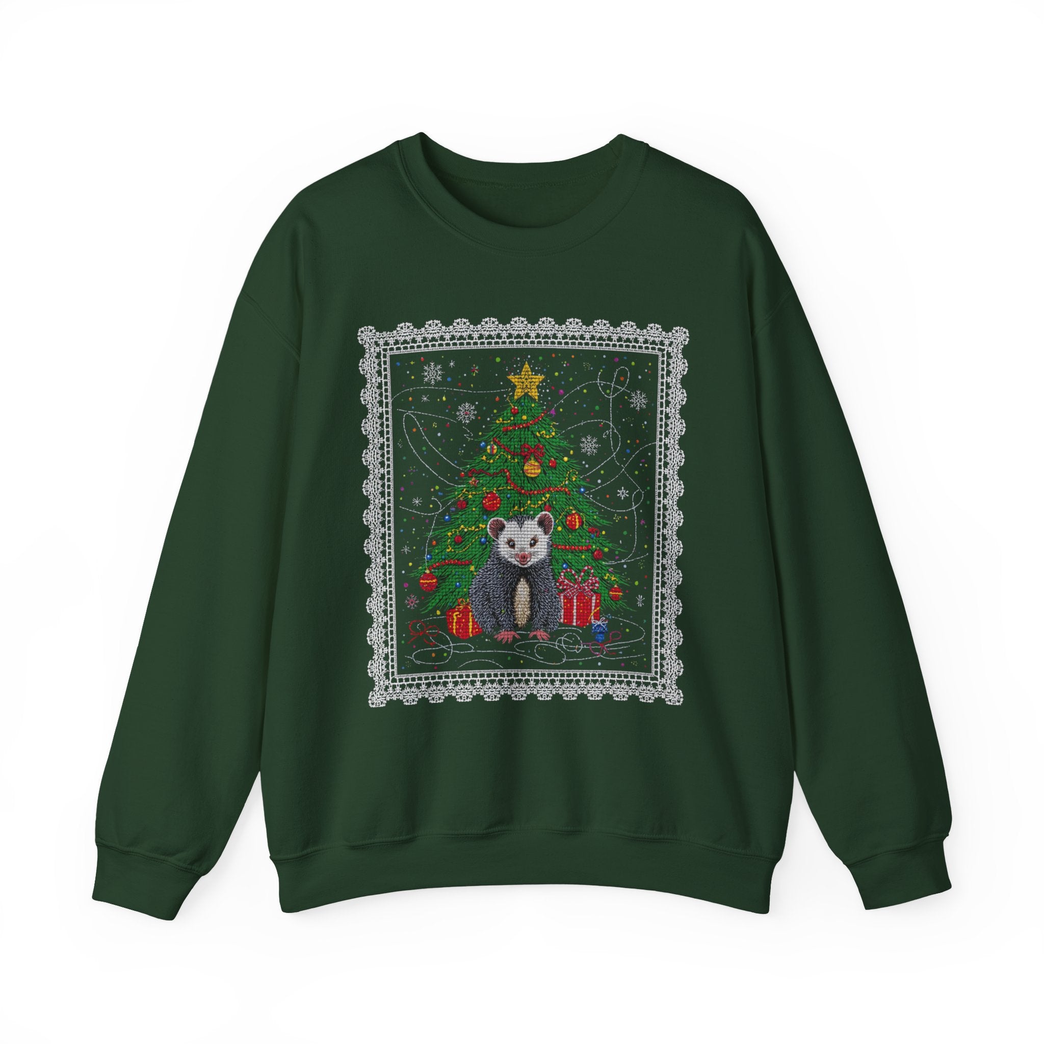 Christmas Tree & Possum Crewneck Sweatshirt – Cute Holiday Ugly Sweater Design