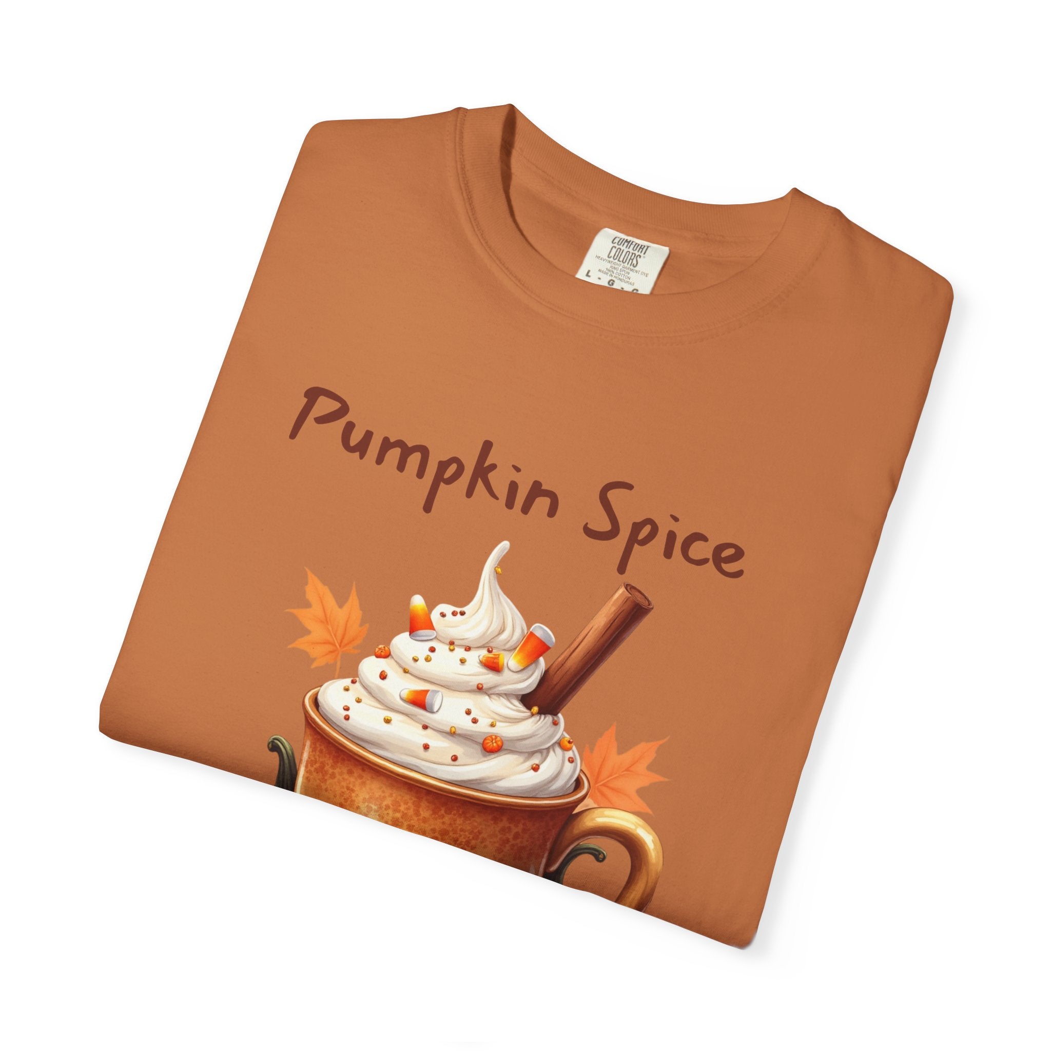 Pumpkin Spice Y'all-  shows a mug with whipped cream, a cinnamon stick, candy corn, pumpkins, and autumn leaves