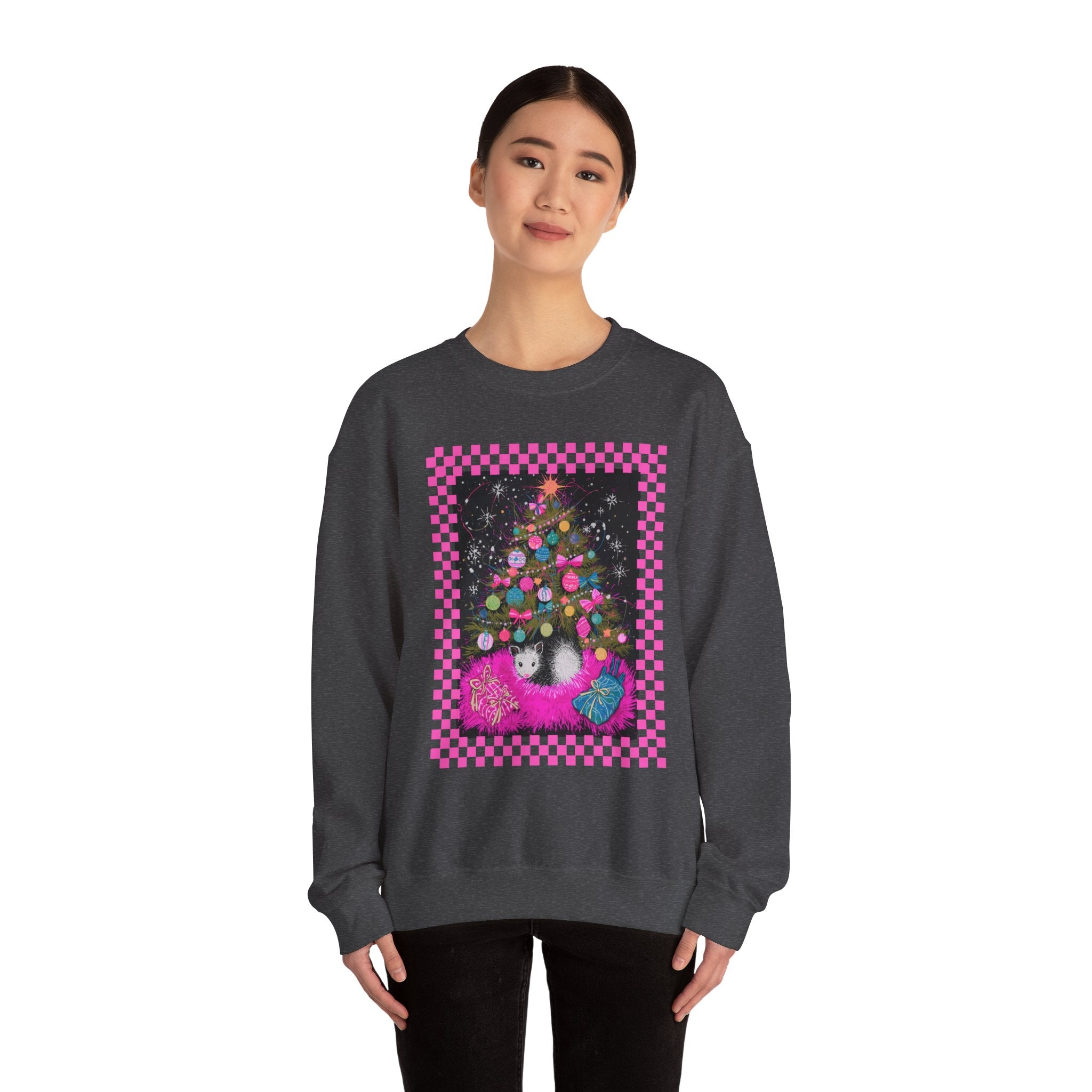 Christmas Possum Crewneck Sweatshirt — Pink Checkerboard Holiday Graphic