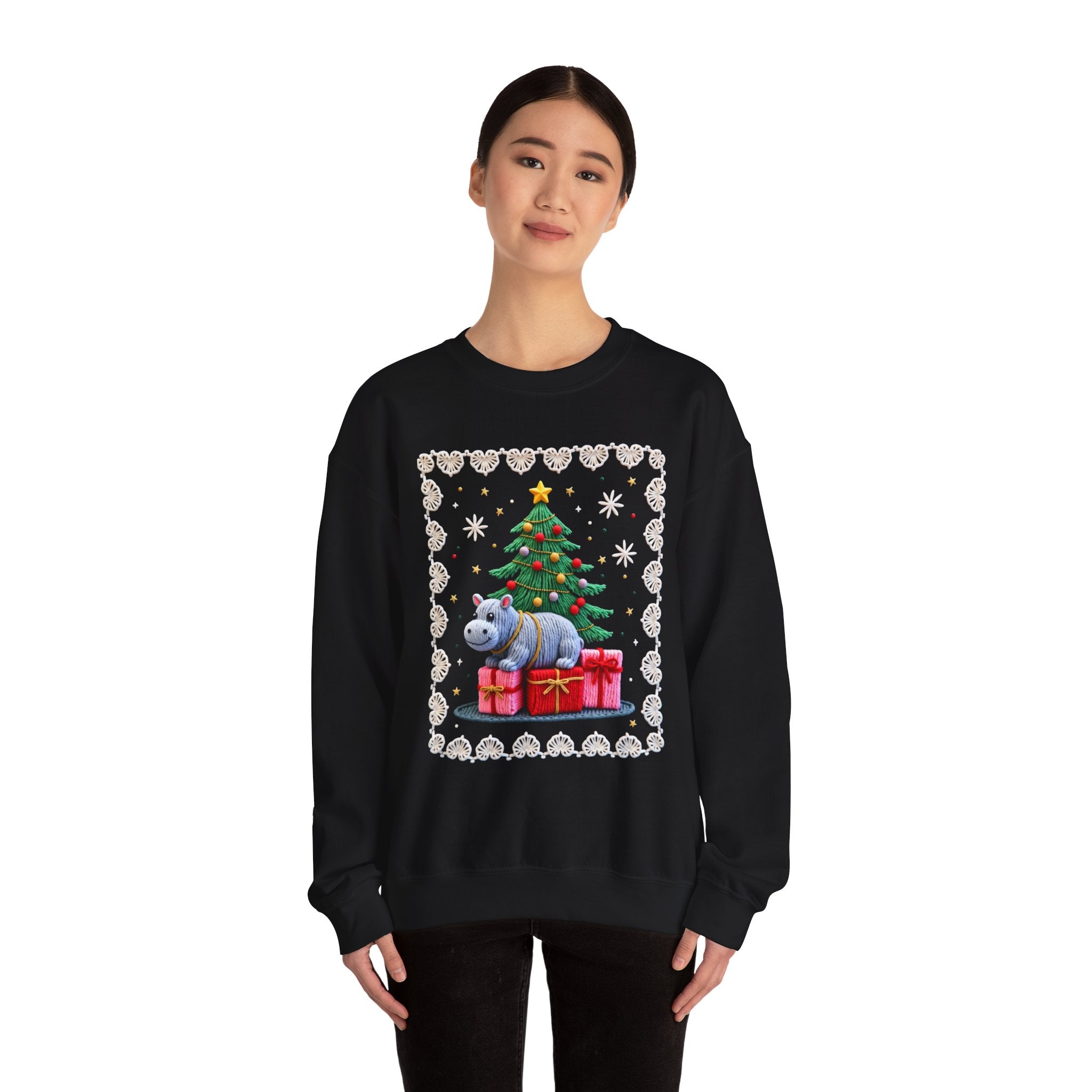 Hippo Under Christmas Tree Sweatshirt - Cute Holiday Crewneck
