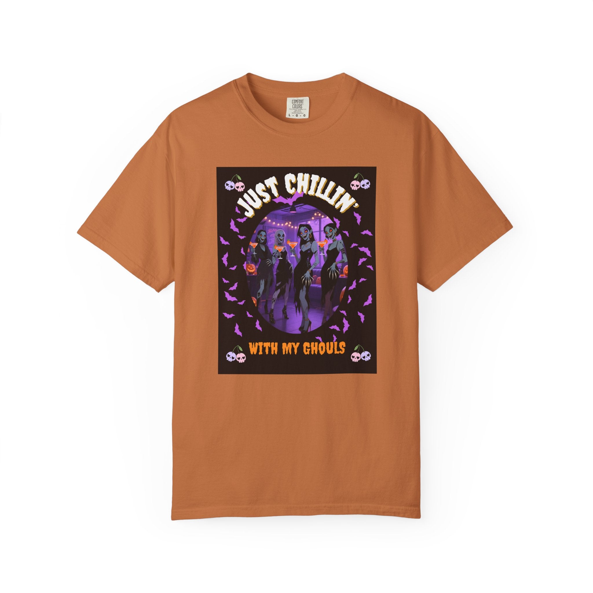 Just Chillin' With My Ghouls, Halloween Graphic Tee, Unisex Garment-Dyed T-Shirt, Spooky Shirt, Halloween Costume, Fall Fashion, Holiday Apparel