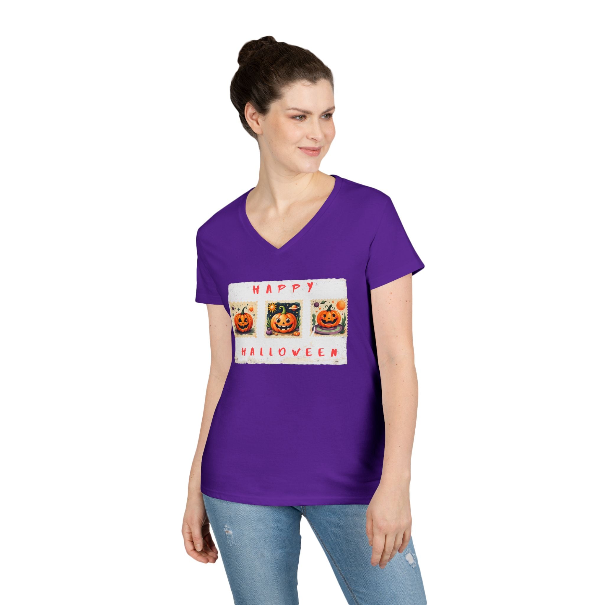 Halloween V-Neck T-Shirt, Fun Fall Fashion, Pumpkin Tee, Spooky Season Apparel, Cute Casual Halloween Shirt
