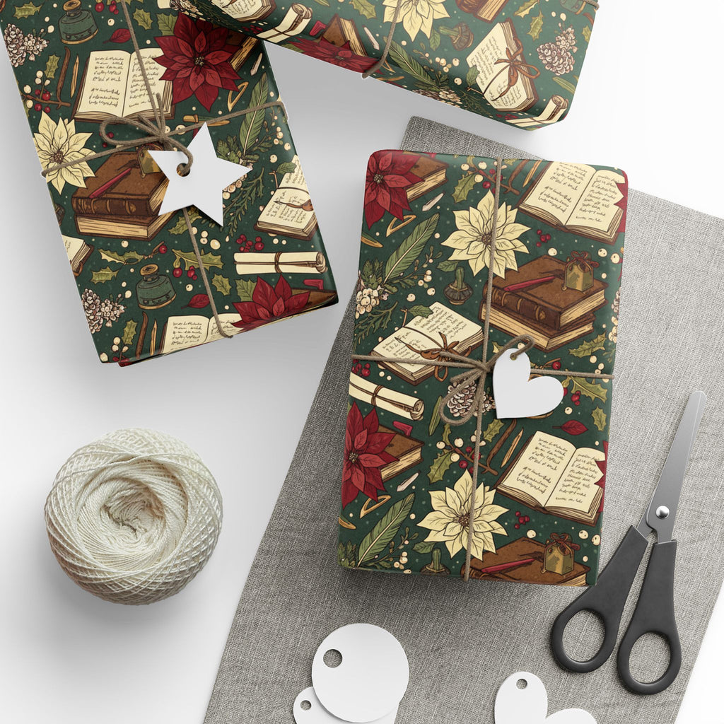 Christmas Book Wrapping Paper — Vintage Poinsettia & Books Gift Wrap