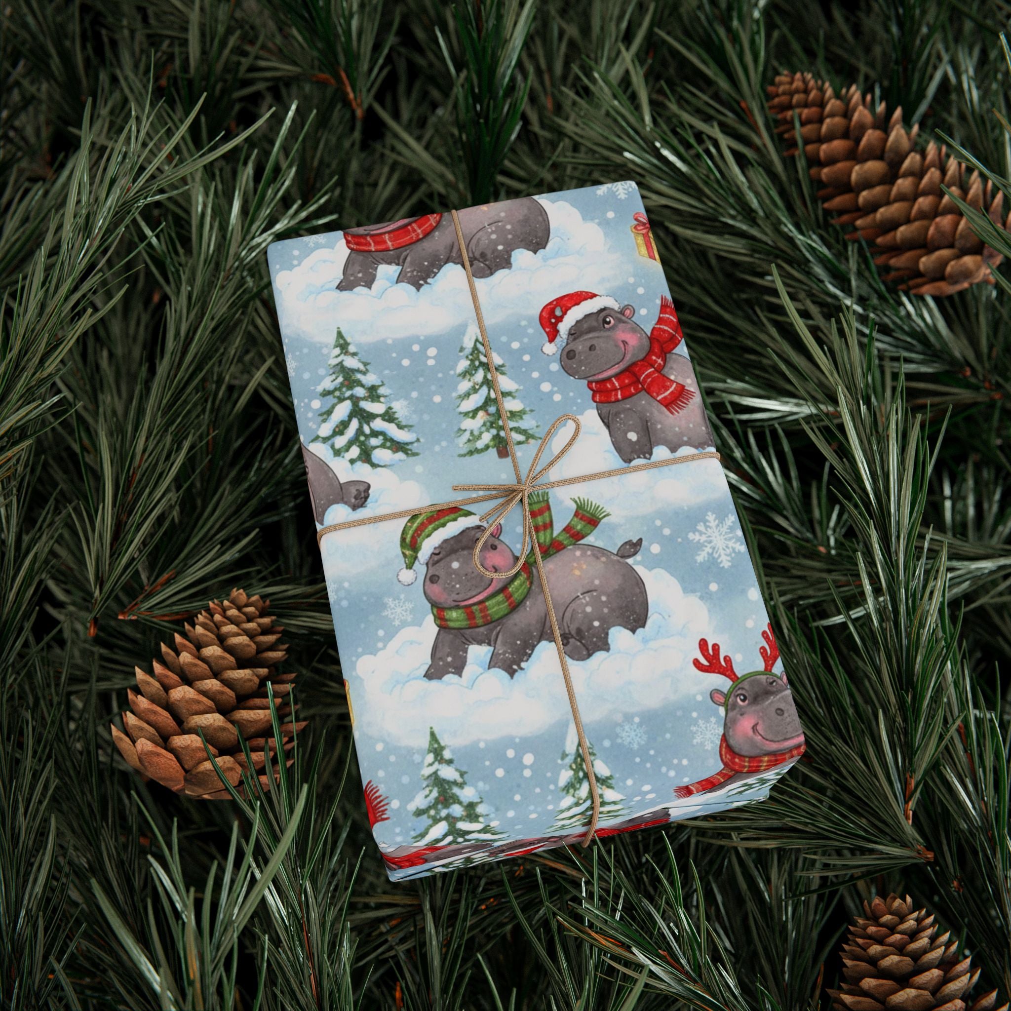 Christmas Wrapping Paper Roll — Cute Hippo in Scarf Winter Pattern