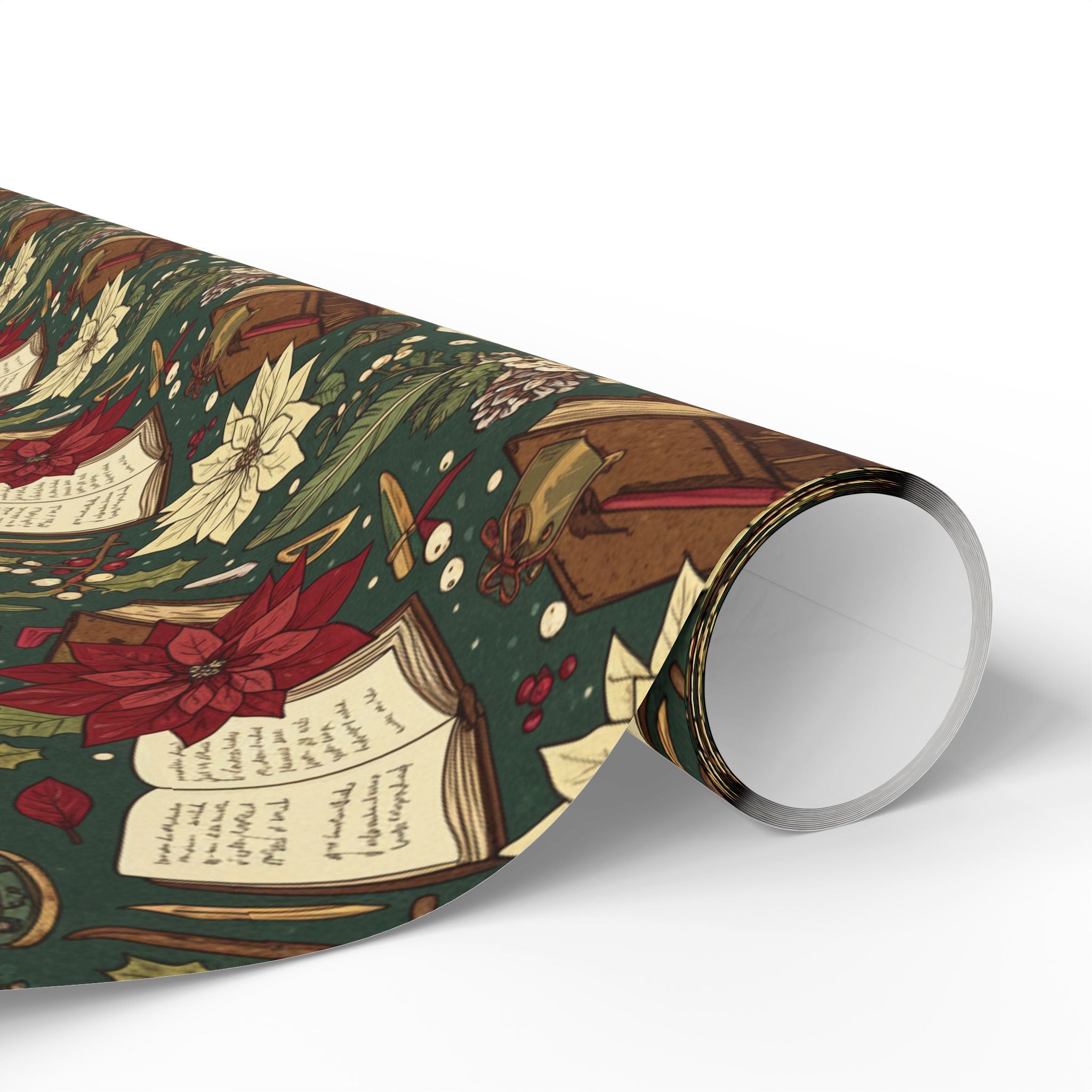 Christmas Book & Poinsettia Wrapping Paper Roll — Vintage Holiday Gift Wrap-Dark Academia