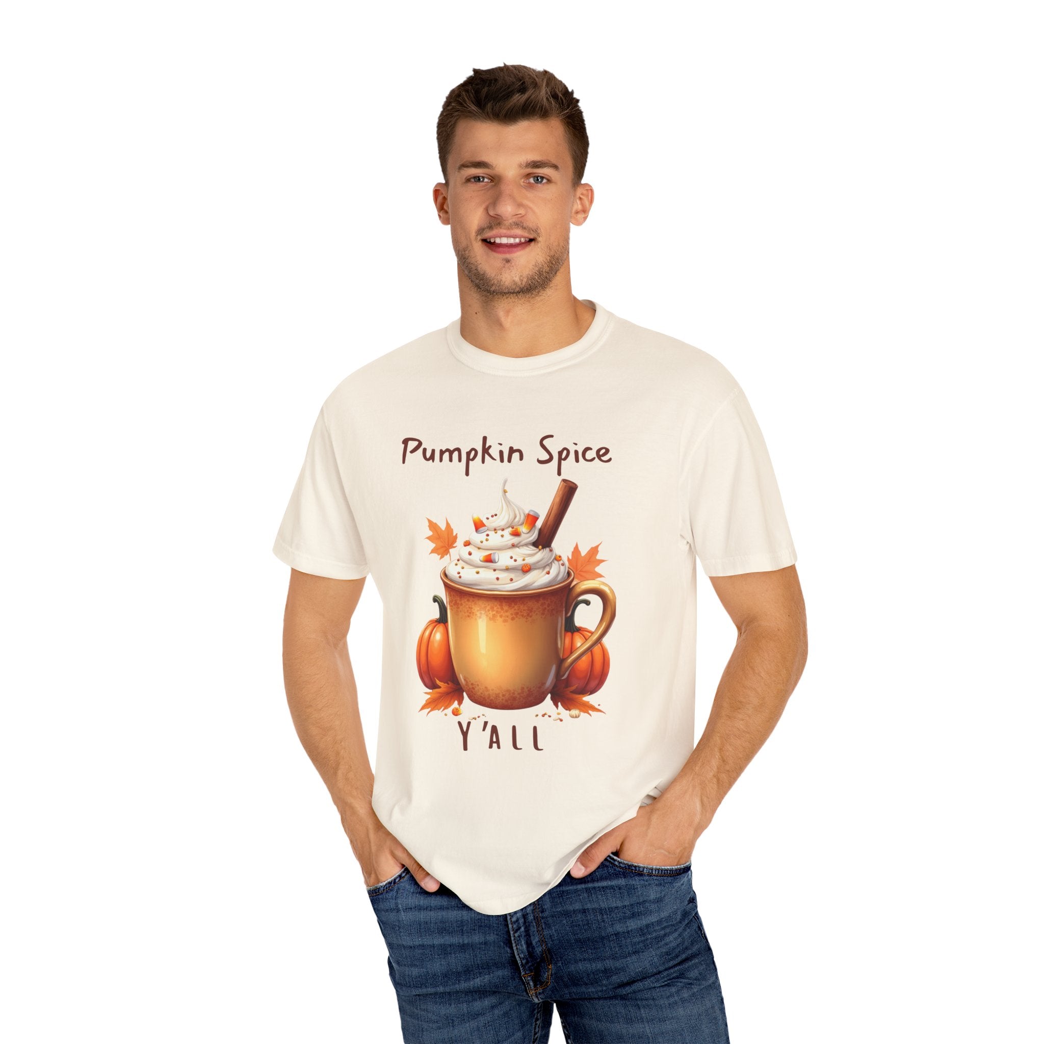 Pumpkin Spice Y'all-  shows a mug with whipped cream, a cinnamon stick, candy corn, pumpkins, and autumn leaves
