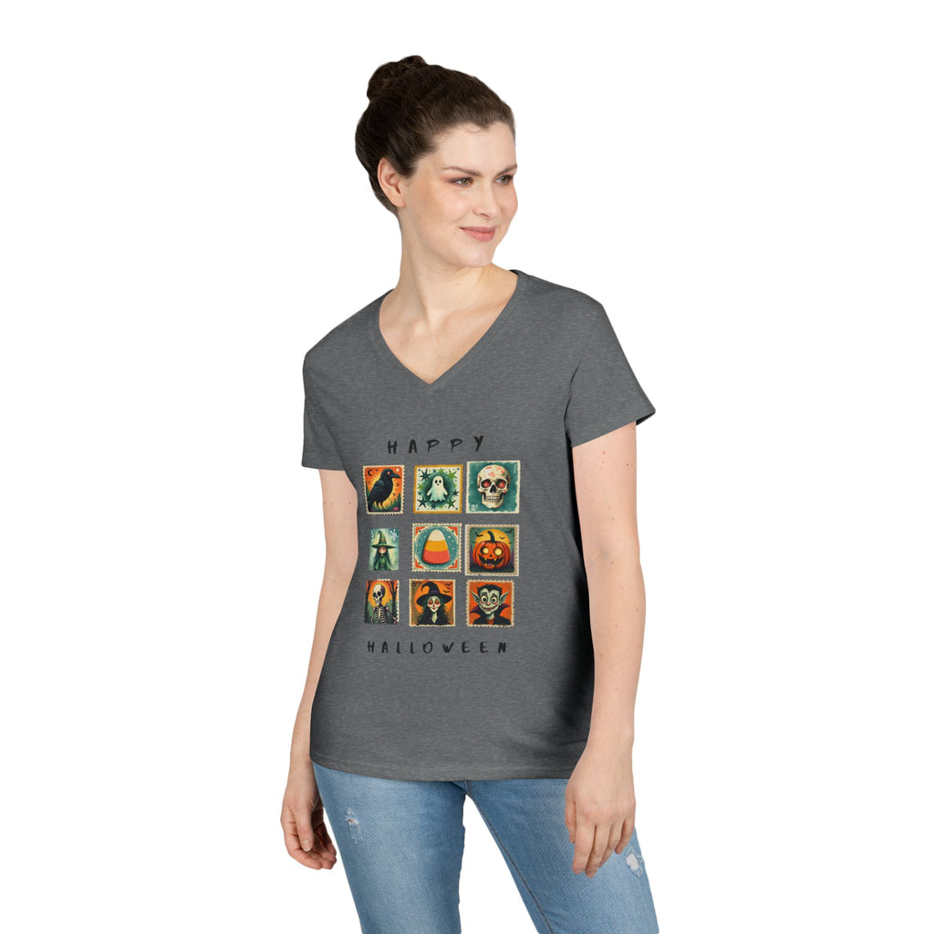 Halloween V-Neck T-Shirt, Spooky Tee, Women's Fall Shirt, Trick or Treat Top, Halloween Costume, Ghostly Vibes, Perfect for October