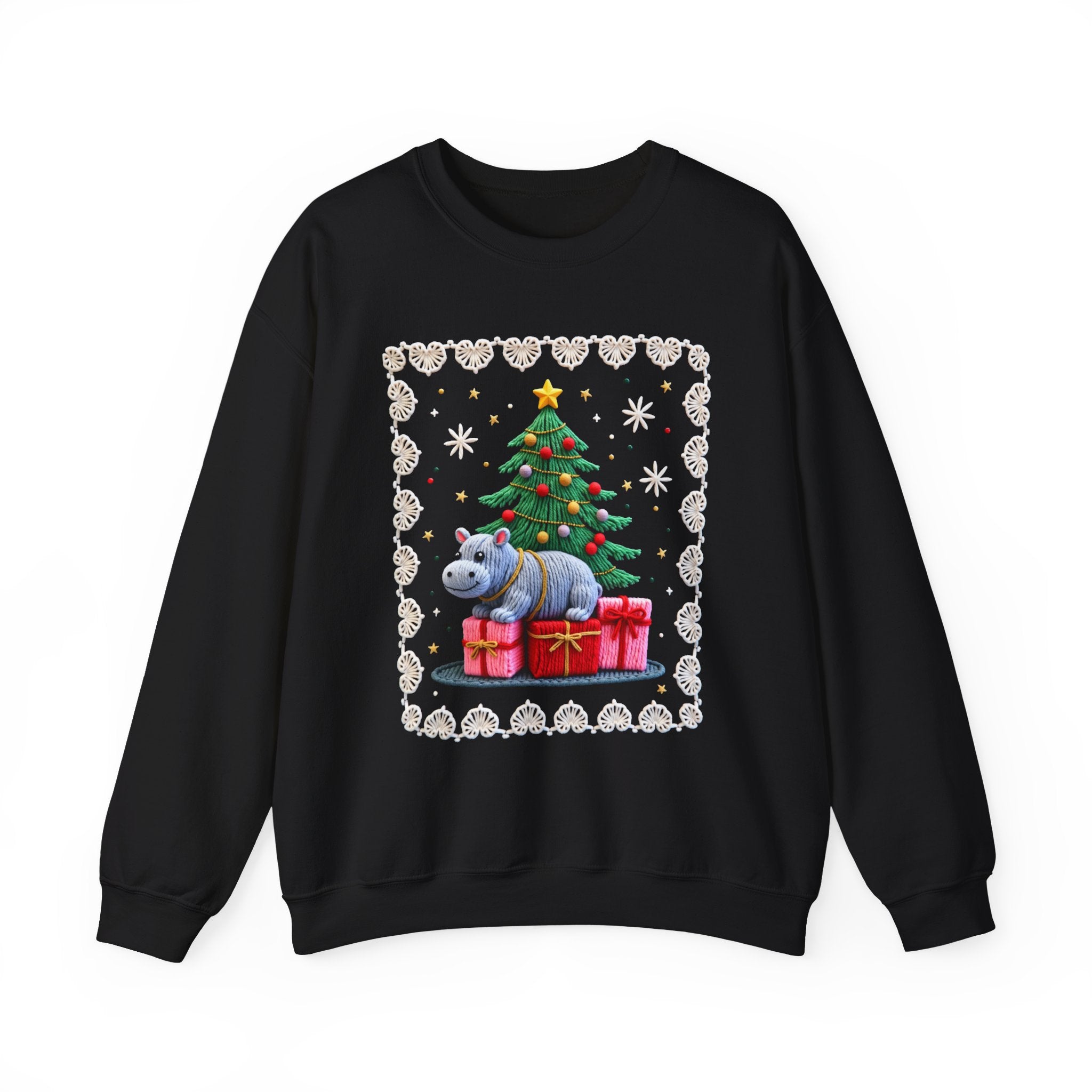Hippo Under Christmas Tree Sweatshirt - Cute Holiday Crewneck