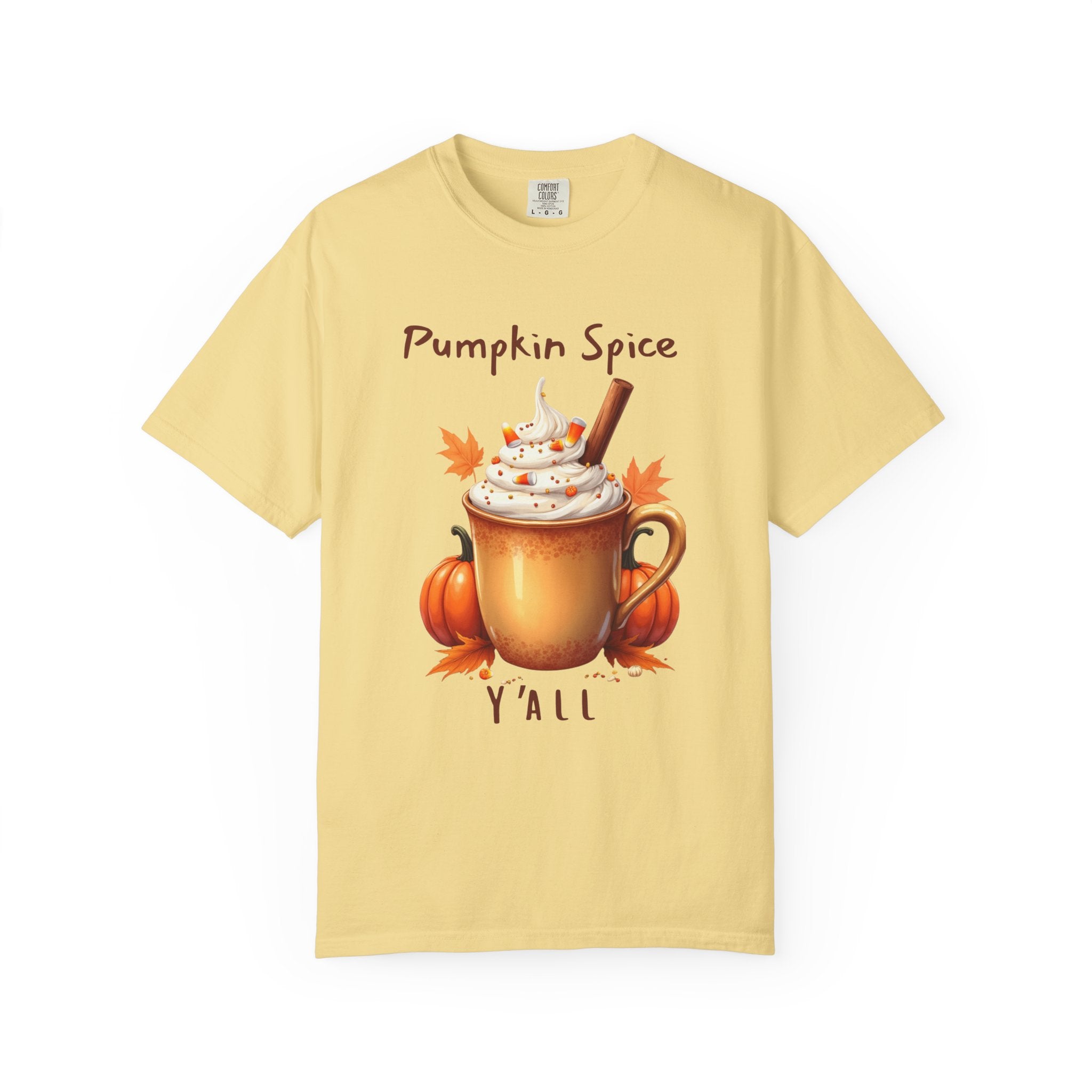 Pumpkin Spice Y'all-  shows a mug with whipped cream, a cinnamon stick, candy corn, pumpkins, and autumn leaves