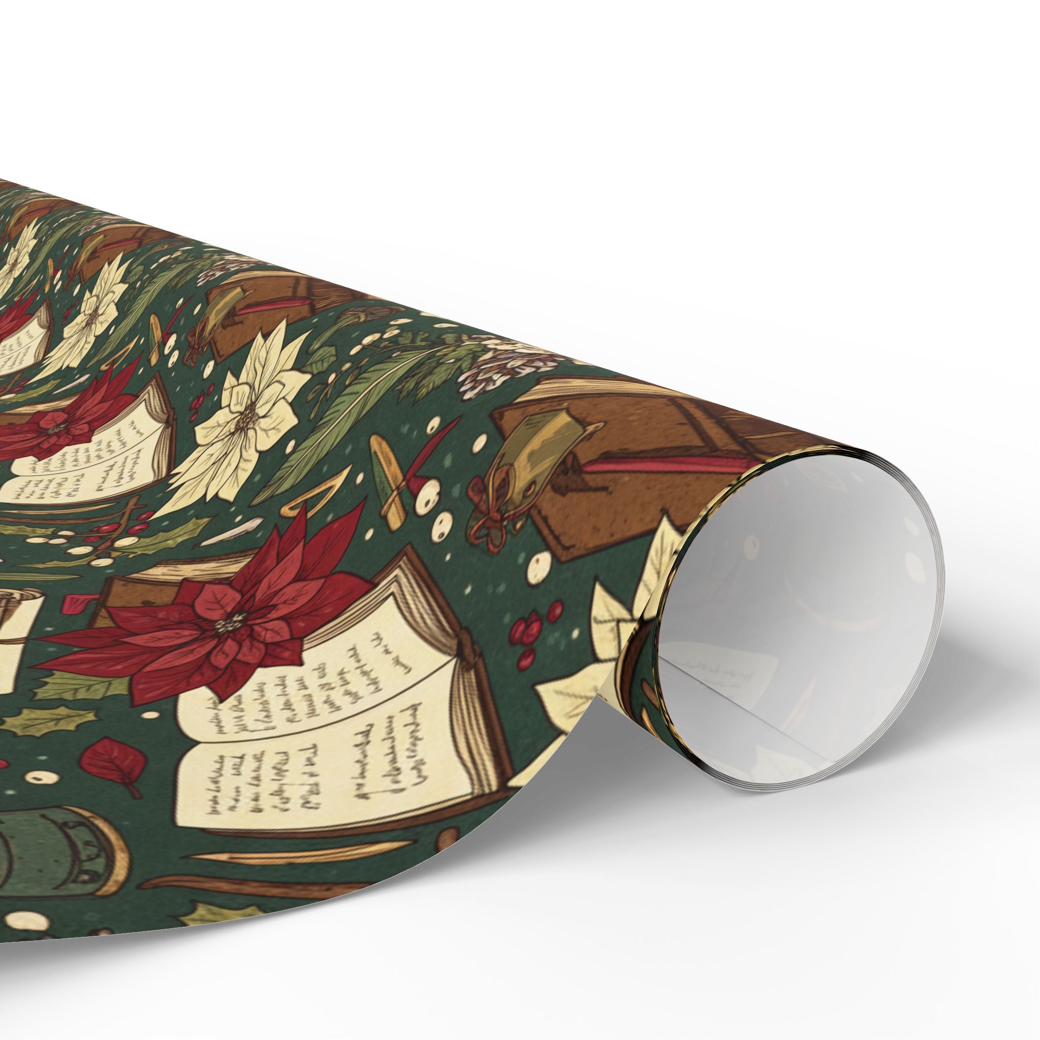 Christmas Book Wrapping Paper — Vintage Poinsettia & Books Gift Wrap