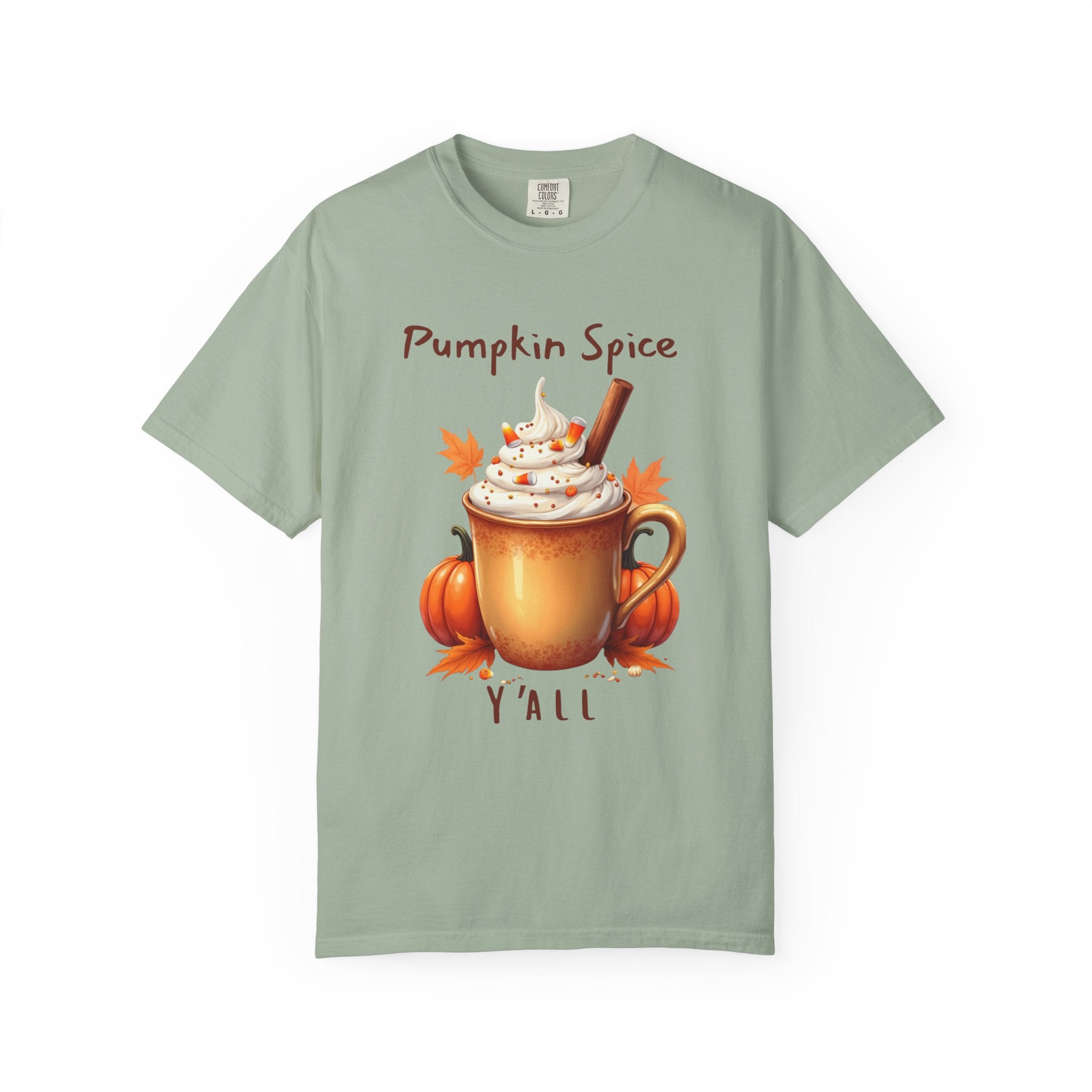 Pumpkin Spice Y'all-  shows a mug with whipped cream, a cinnamon stick, candy corn, pumpkins, and autumn leaves