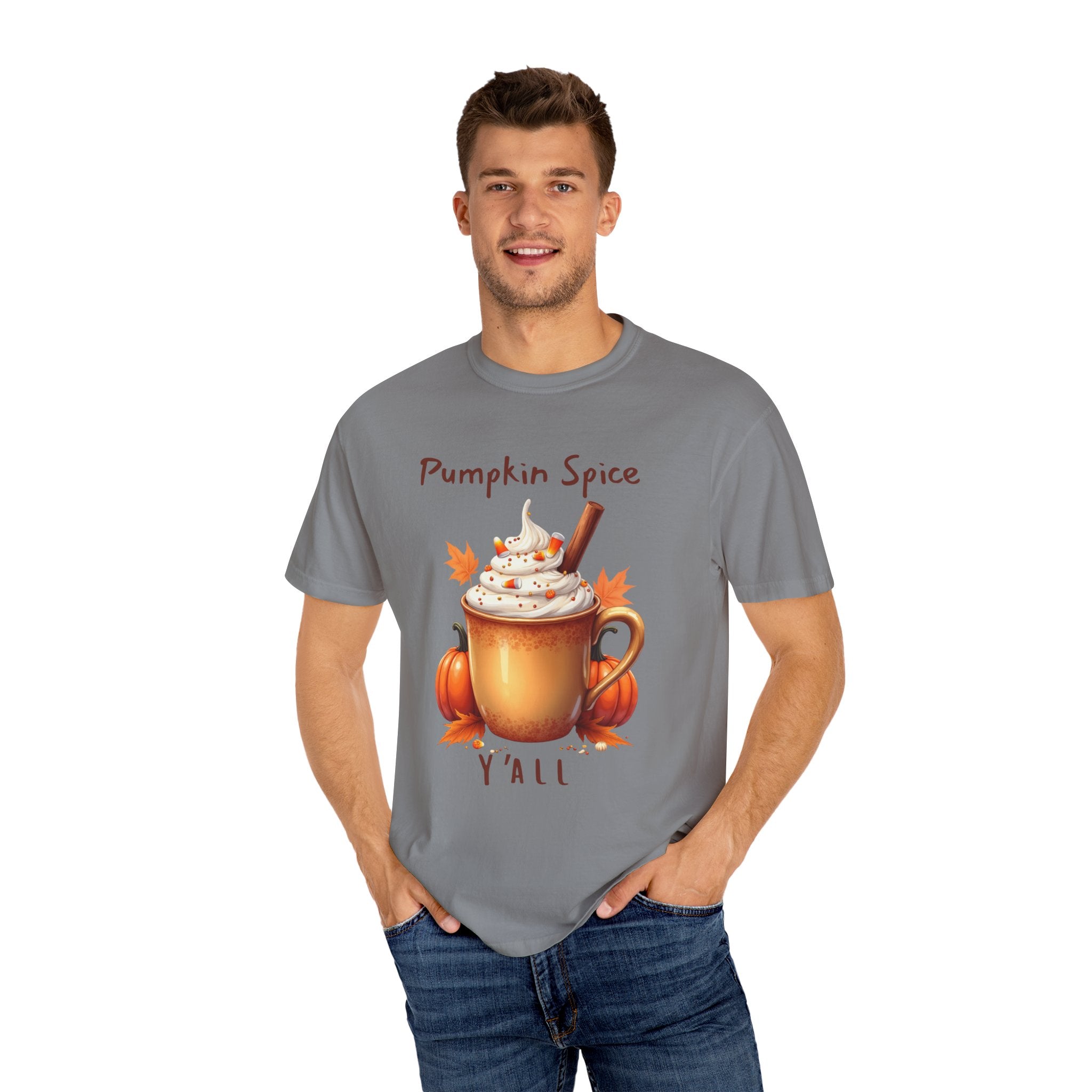 Pumpkin Spice Y'all-  shows a mug with whipped cream, a cinnamon stick, candy corn, pumpkins, and autumn leaves