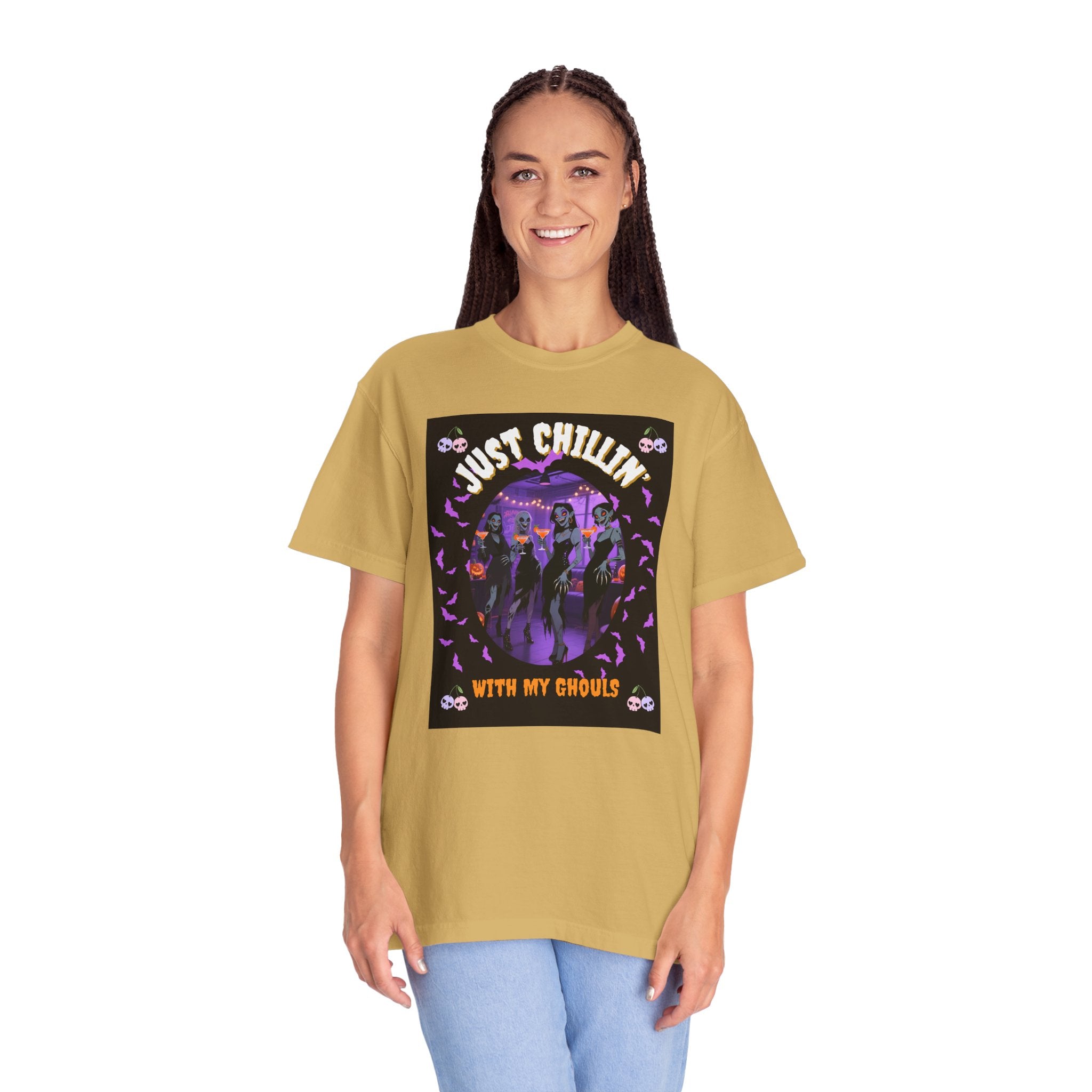 Just Chillin' With My Ghouls, Halloween Graphic Tee, Unisex Garment-Dyed T-Shirt, Spooky Shirt, Halloween Costume, Fall Fashion, Holiday Apparel