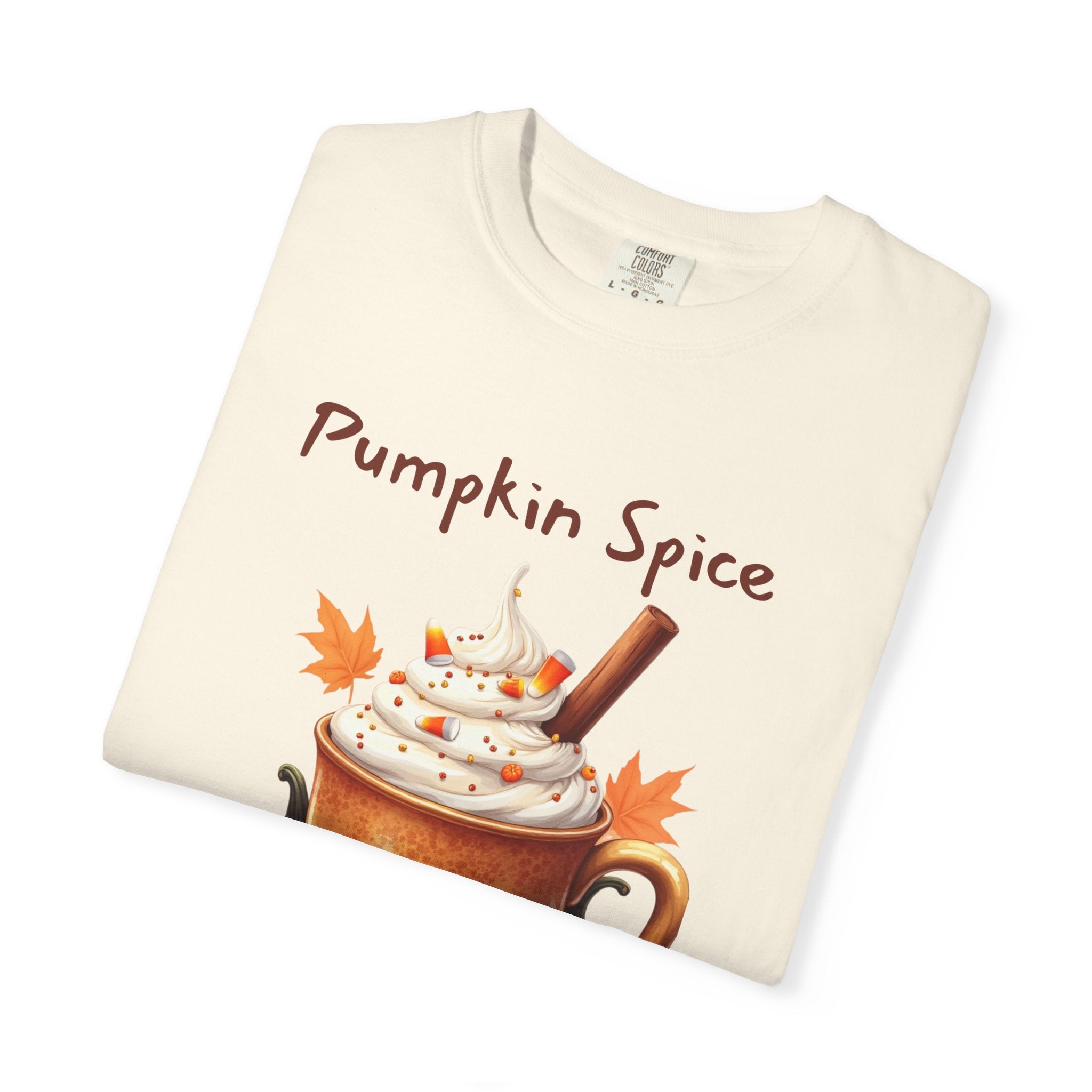 Pumpkin Spice Y'all-  shows a mug with whipped cream, a cinnamon stick, candy corn, pumpkins, and autumn leaves