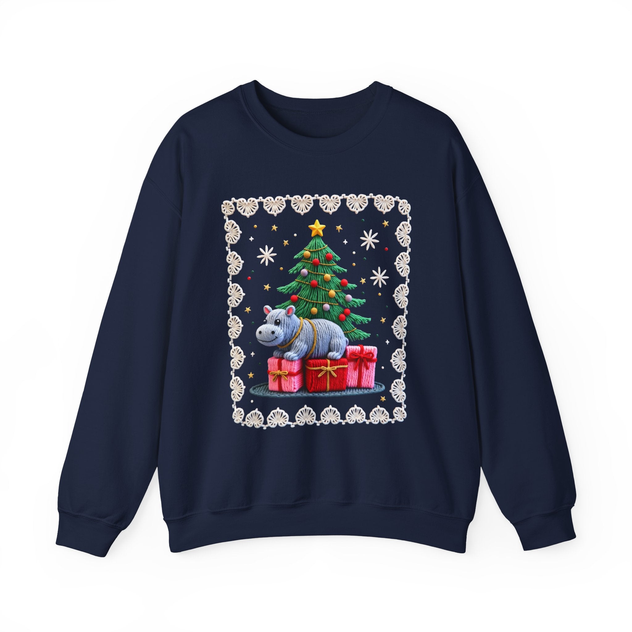 Hippo Under Christmas Tree Sweatshirt - Cute Holiday Crewneck