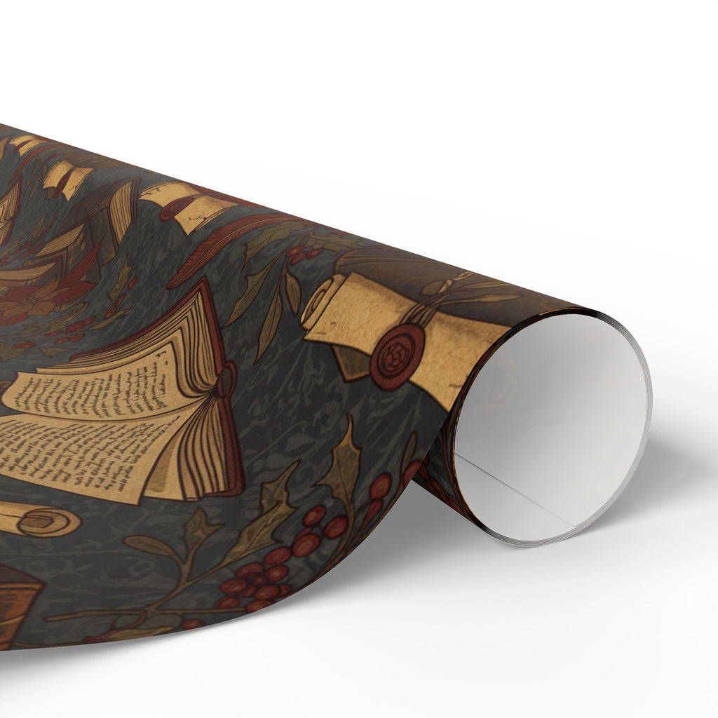 Dark Academia Vintage Holiday Book & Holly Wrapping Paper Roll