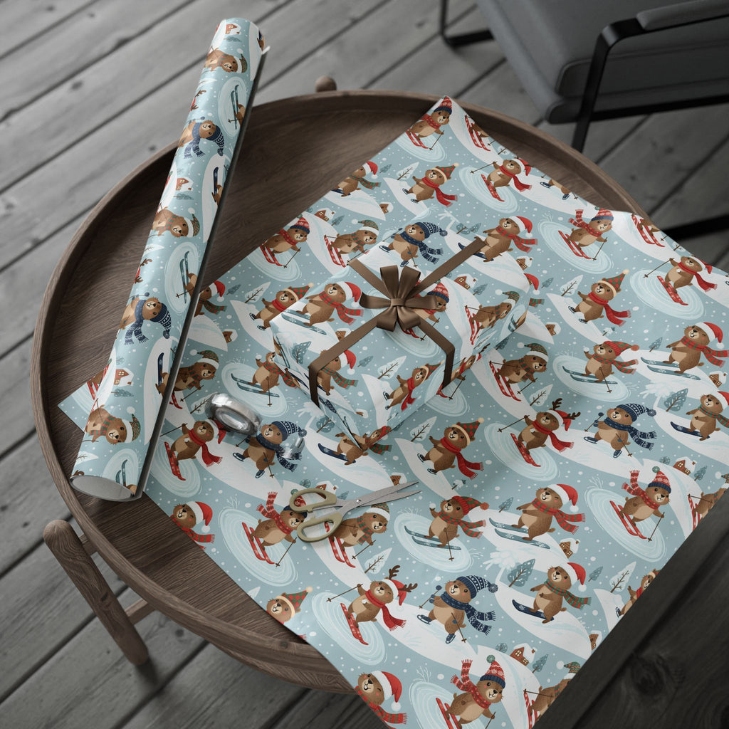 Christmas Groundhog Skiing Wrapping Paper — Cute Winter Holiday Gift Wrap