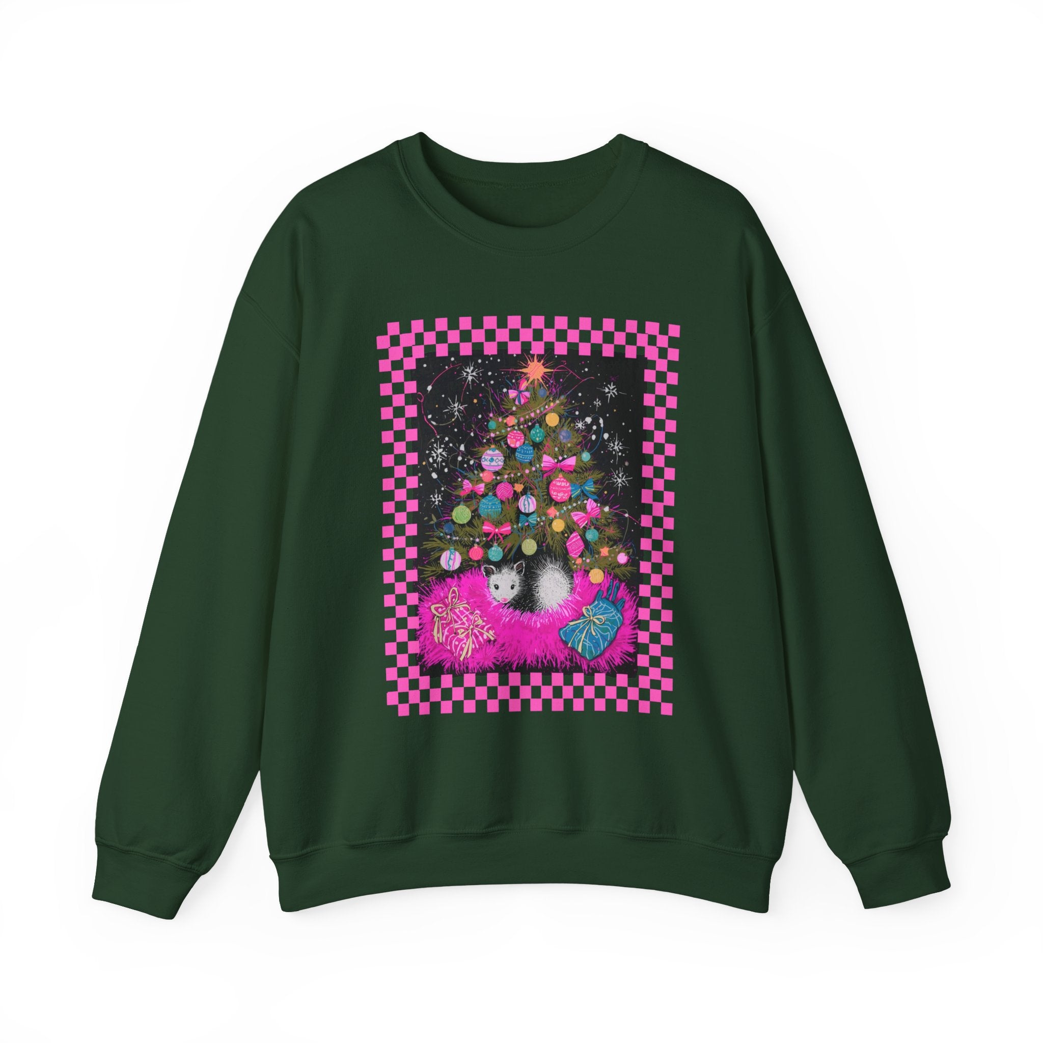 Christmas Possum Crewneck Sweatshirt — Pink Checkerboard Holiday Graphic