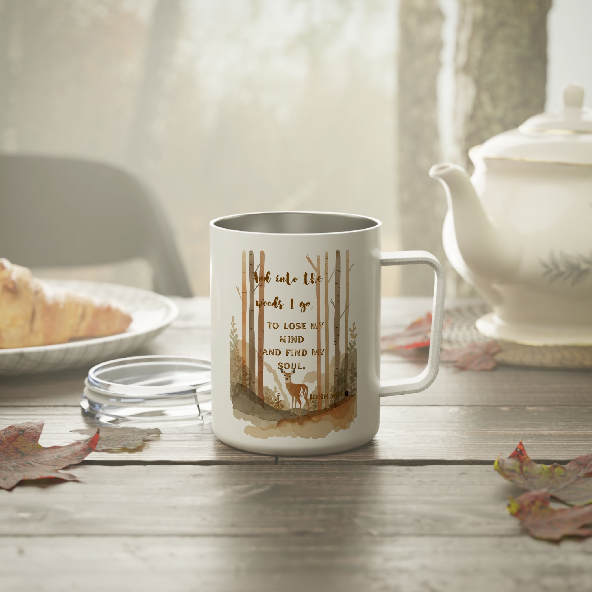 Into the Woods I go Quote Cozy Insulated Coffee Mug, Book Lovers Gift,