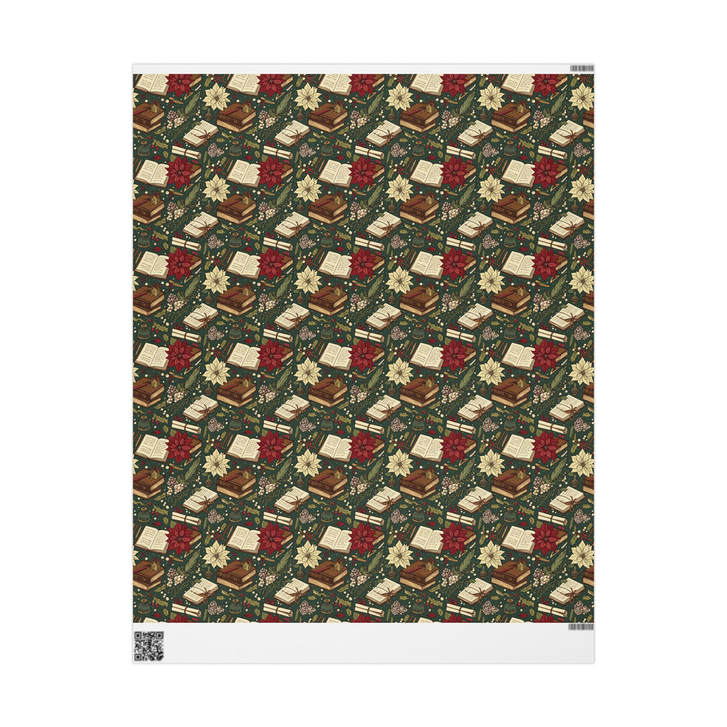 Christmas Book & Poinsettia Wrapping Paper Roll — Vintage Holiday Gift Wrap-Dark Academia