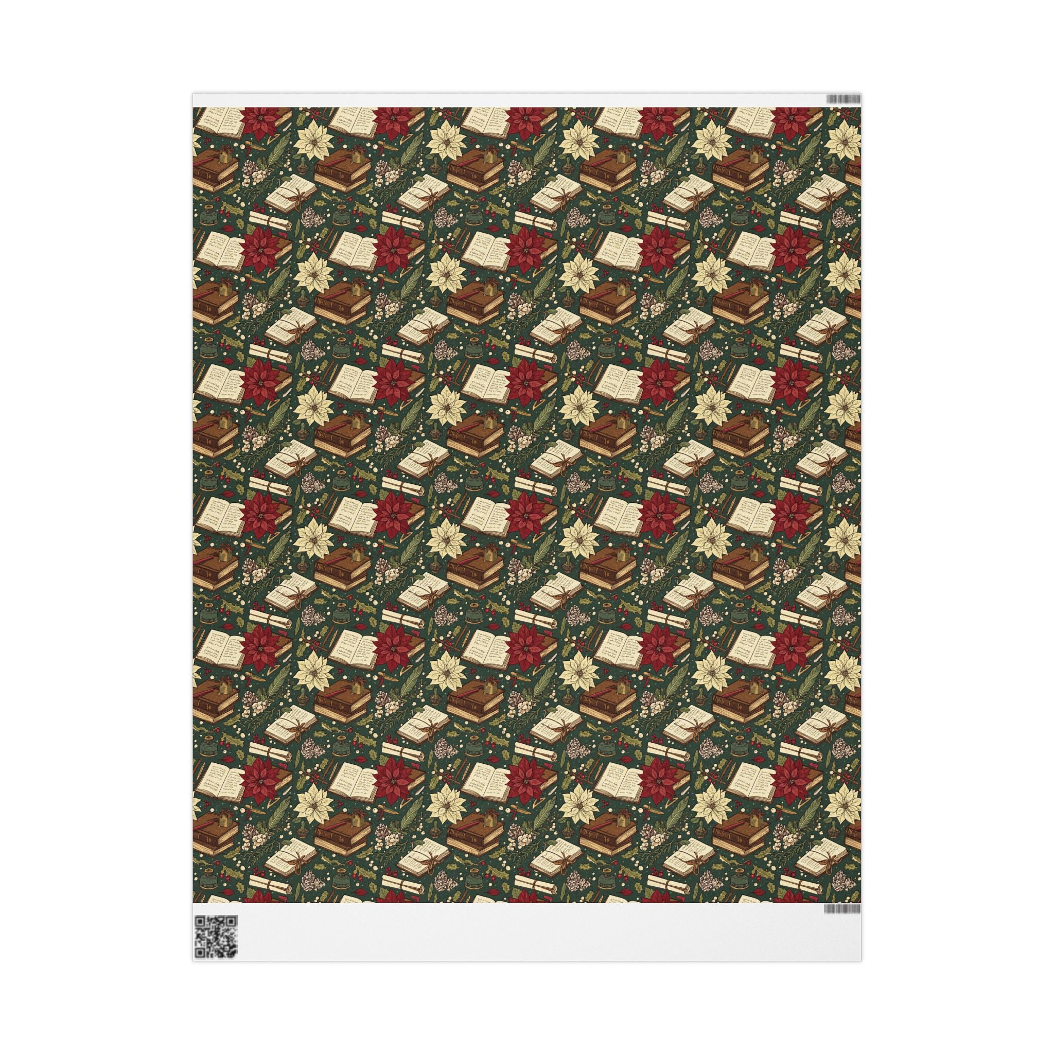 Christmas Book & Poinsettia Wrapping Paper Roll — Vintage Holiday Gift Wrap-Dark Academia