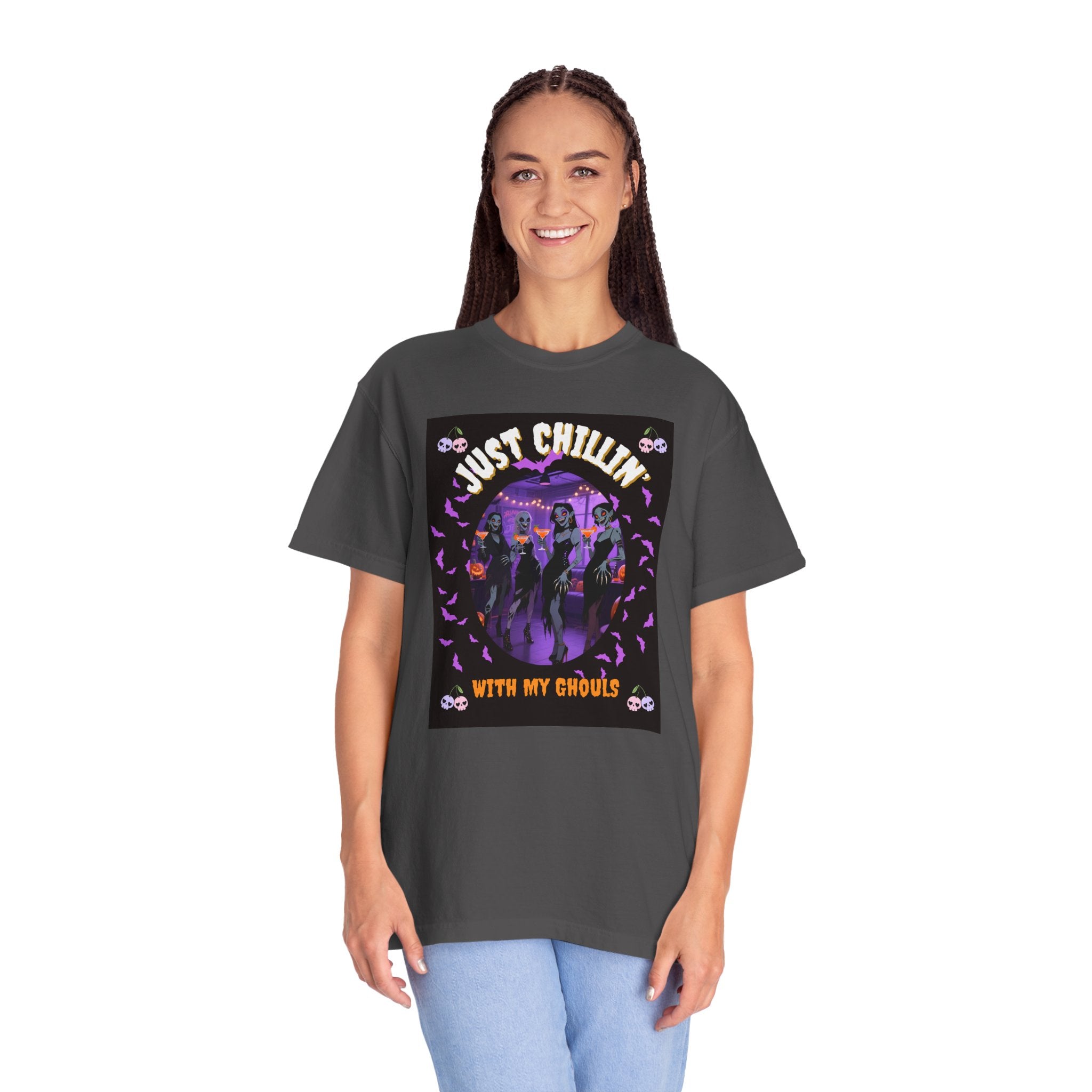 Just Chillin' With My Ghouls, Halloween Graphic Tee, Unisex Garment-Dyed T-Shirt, Spooky Shirt, Halloween Costume, Fall Fashion, Holiday Apparel