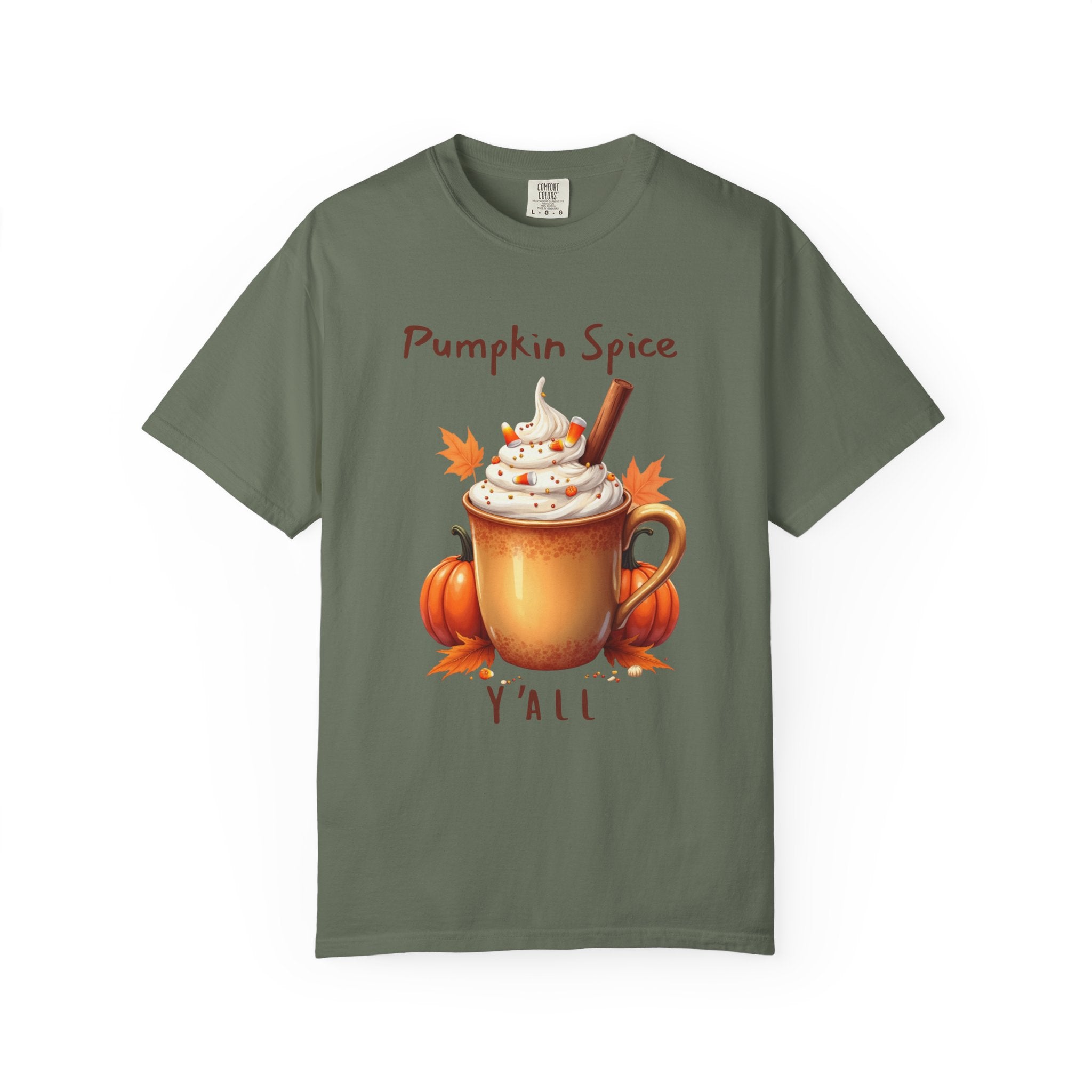Pumpkin Spice Y'all-  shows a mug with whipped cream, a cinnamon stick, candy corn, pumpkins, and autumn leaves