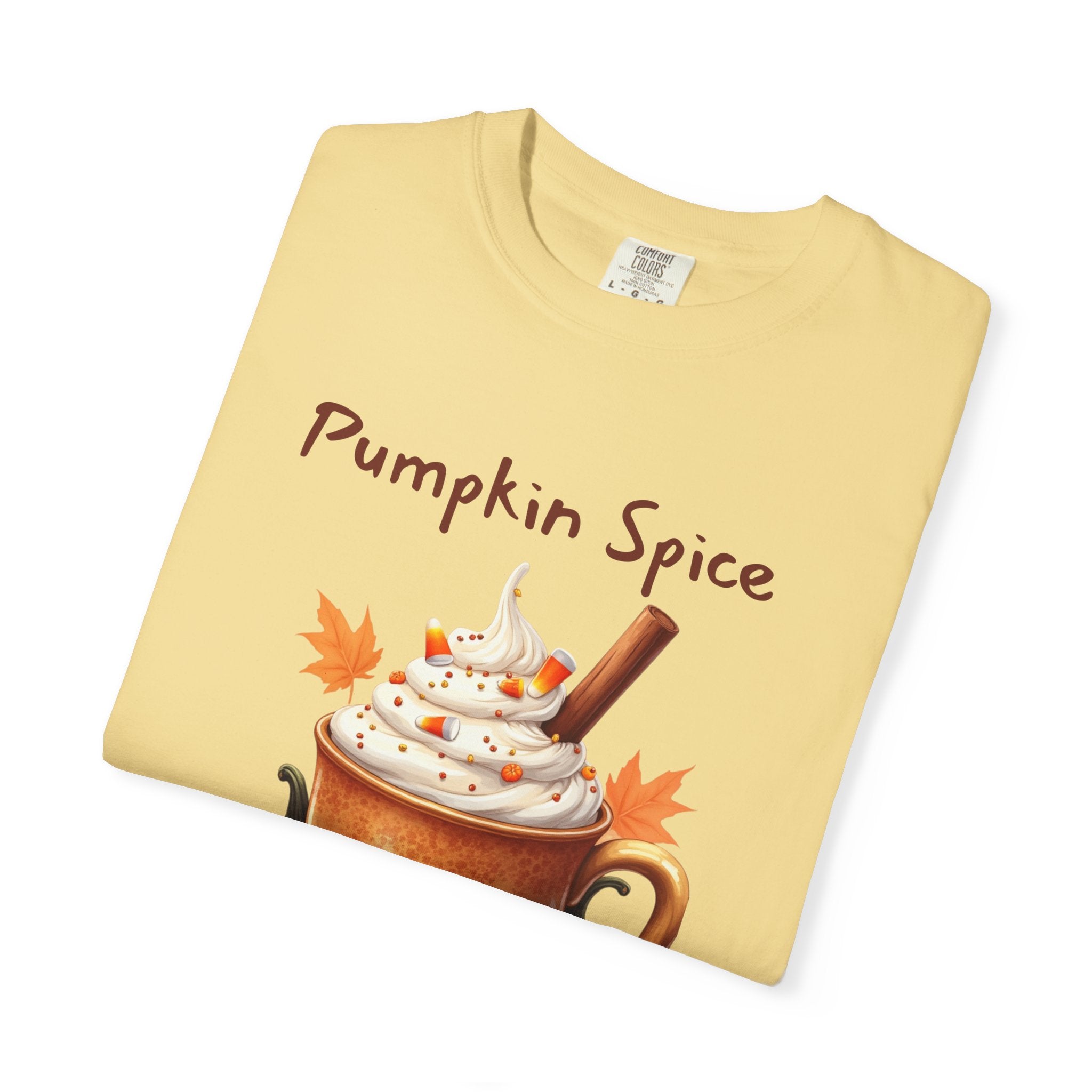 Pumpkin Spice Y'all-  shows a mug with whipped cream, a cinnamon stick, candy corn, pumpkins, and autumn leaves